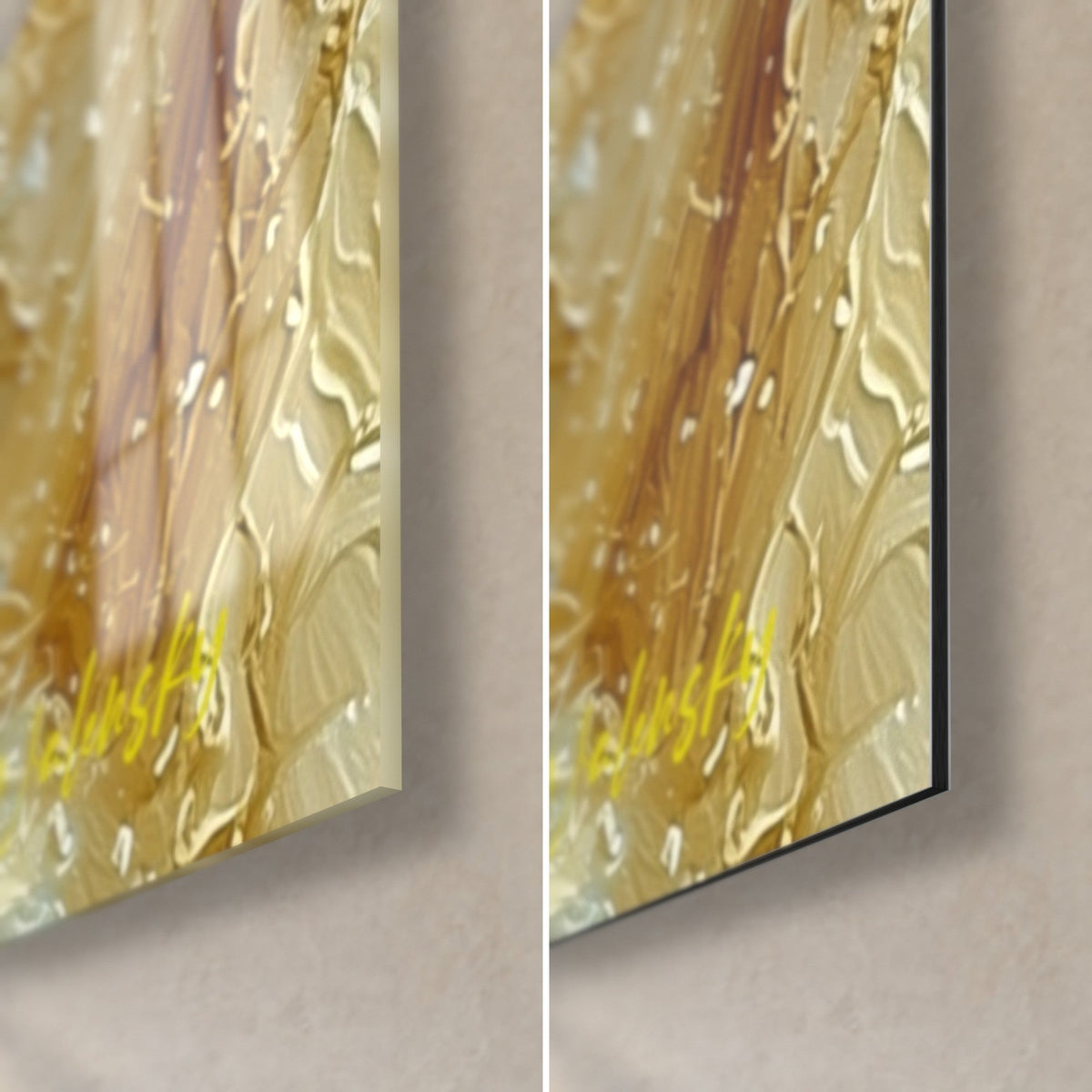 Cuadro elefante beige, esquina inferior derecha: cristal acrílico brillante a la izquierda, Dibond aluminio mate a la derecha, amarillo y marrón, canto de 3 mm