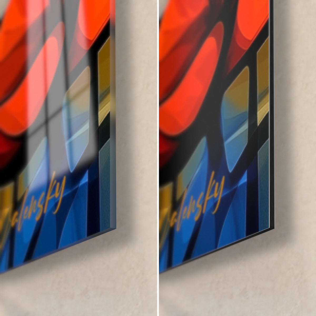 Gemälde Elefant in Blau und Orange, untere rechte Ecke: glänzendes Acrylglas links, mattes Dibond-Aluminium rechts, 3 mm Kantenstärke
