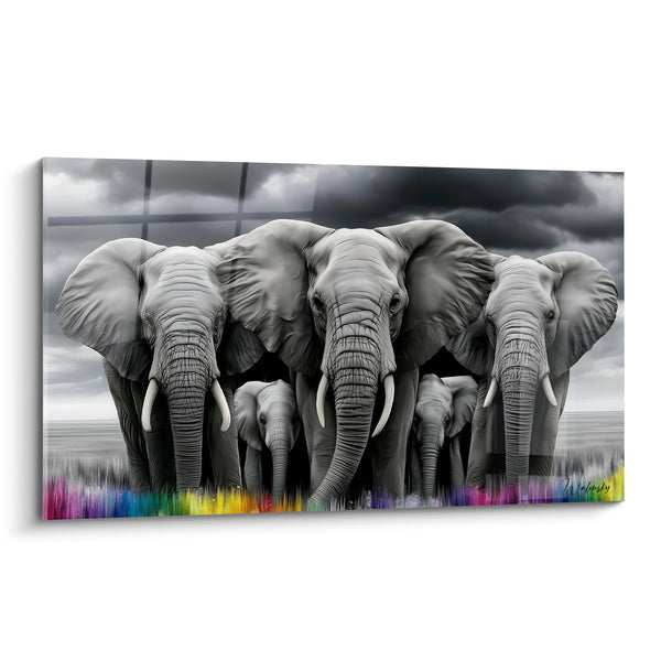 Tableau Éléphants gris et herbe multicolore - Rempart familial - Edition Elephant