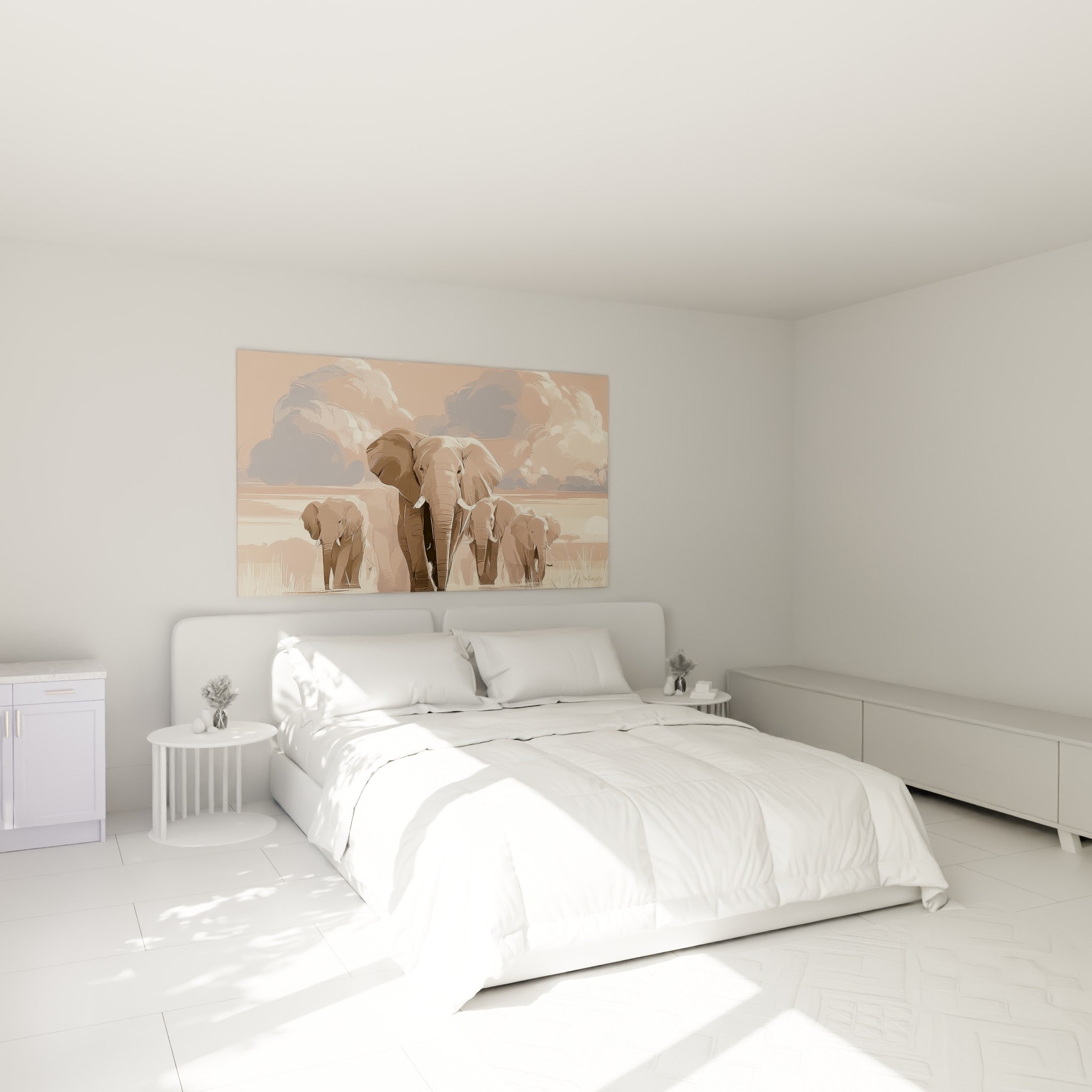 Troupeau d'éléphants terracotta et gris avançant dans la savane, accroché au-dessus d'un lit dans une chambre claire