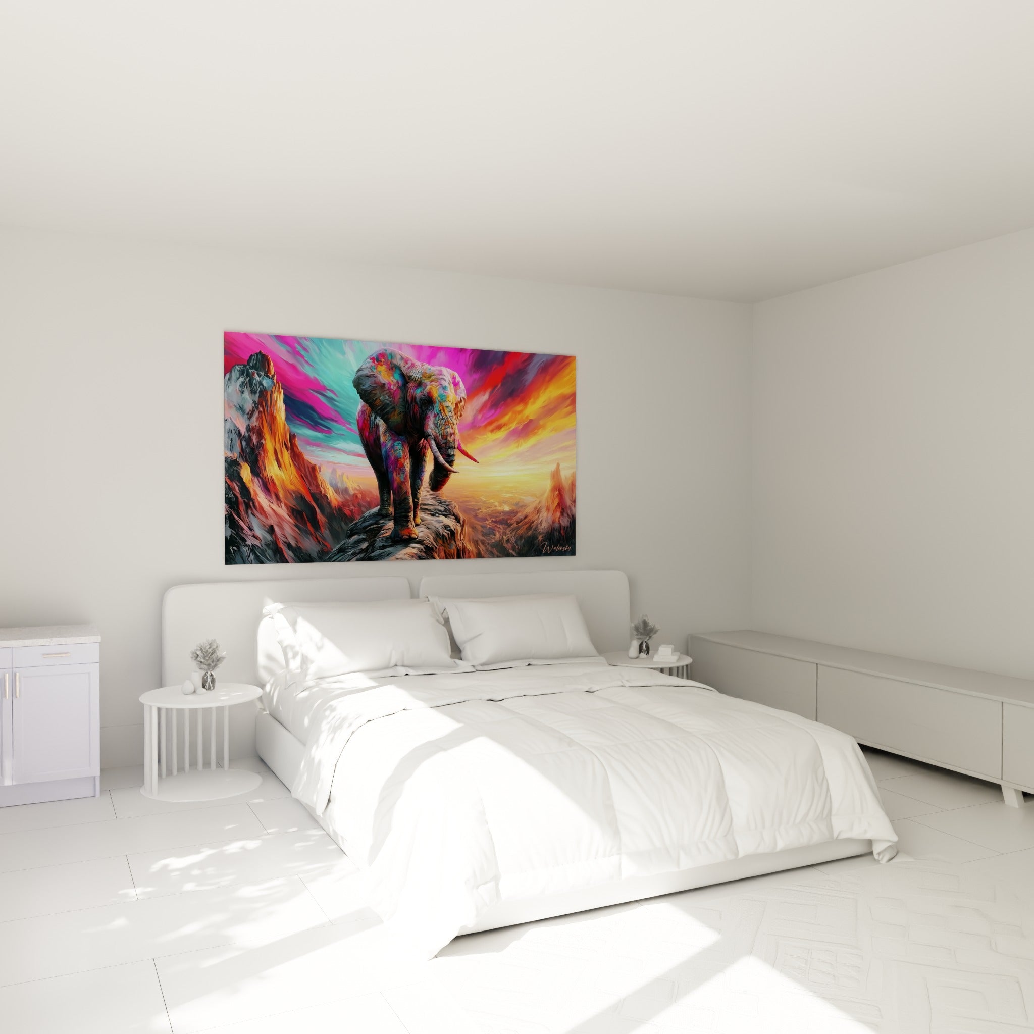 Silhouette d'éléphant fauve aux tons orangés accrochée au-dessus d'un lit dans une chambre claire