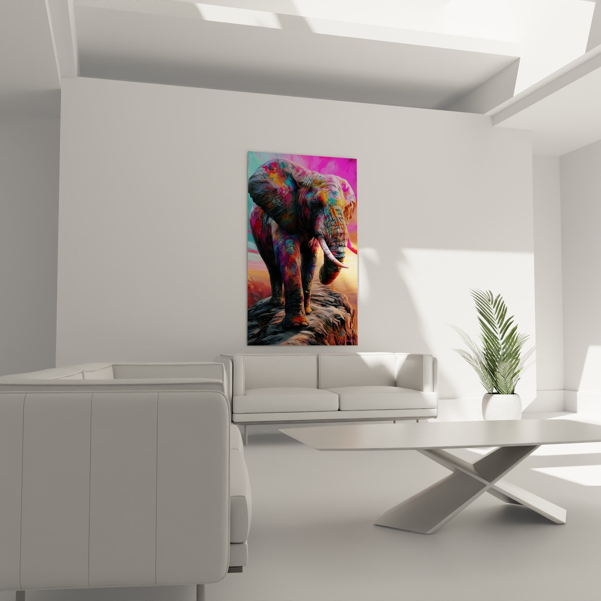 Silhouette imposante aux couleurs fuchsia et anthracite, disposée au-dessus d'un canapé dans un salon lumineux.