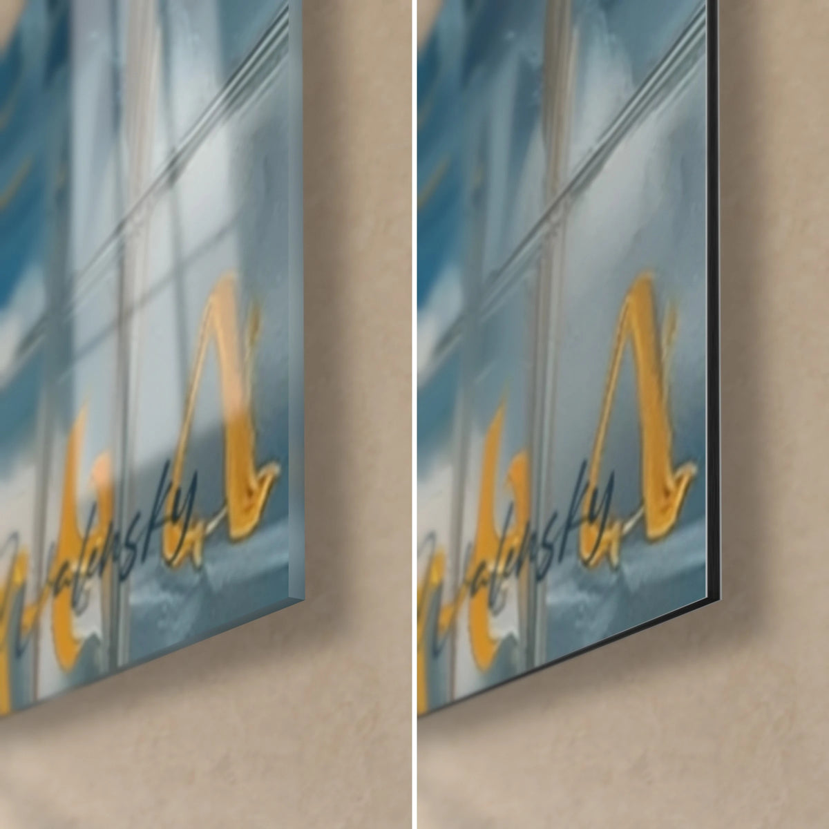 Tableau éléphant signé Walensky, coin bas droit : verre acrylique brillant aux reflets bleus, alu Dibond mat ocre, tranche de 3 mm