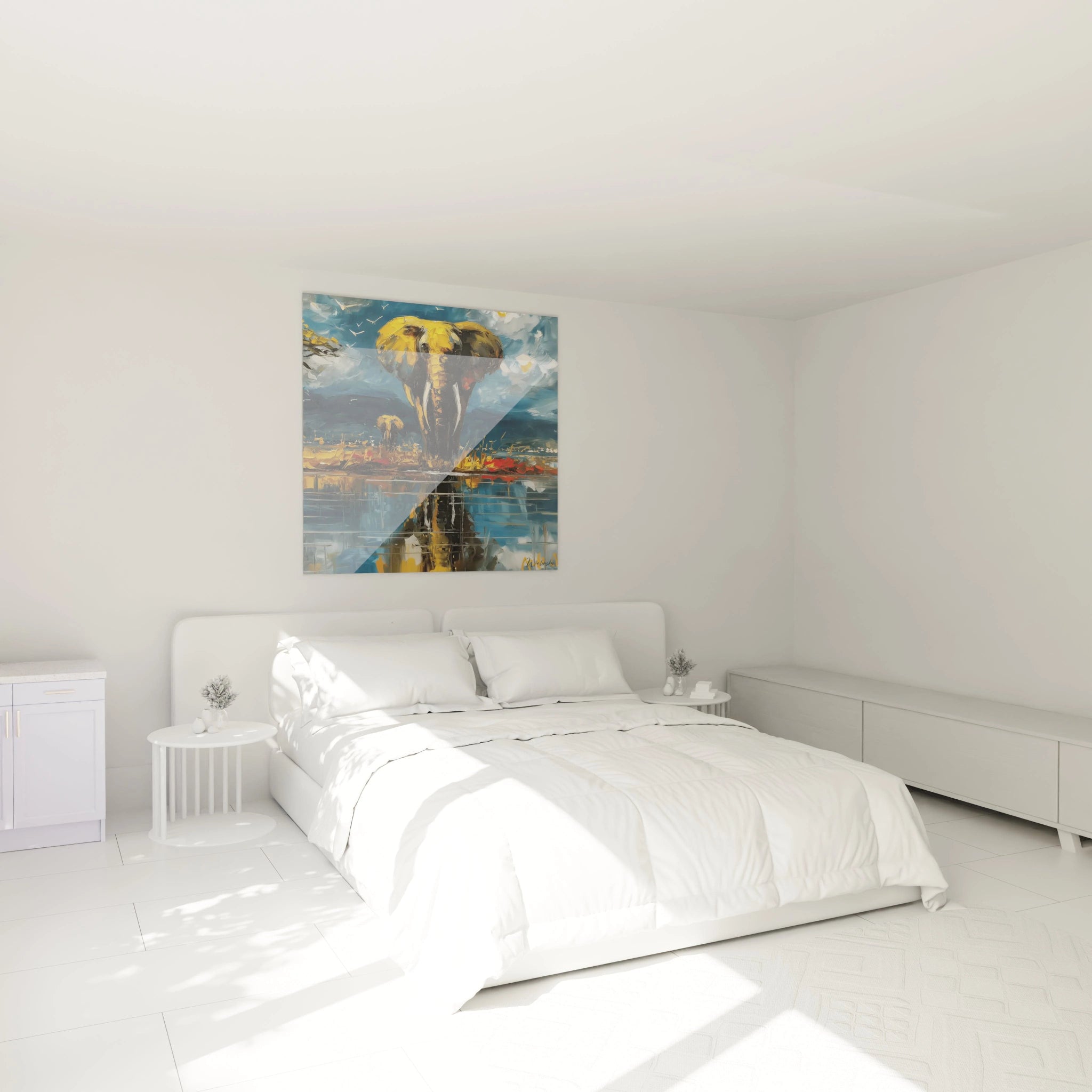 Tableau éléphant géant de Walensky sur un mur de chambre lumineuse avec lit blanc