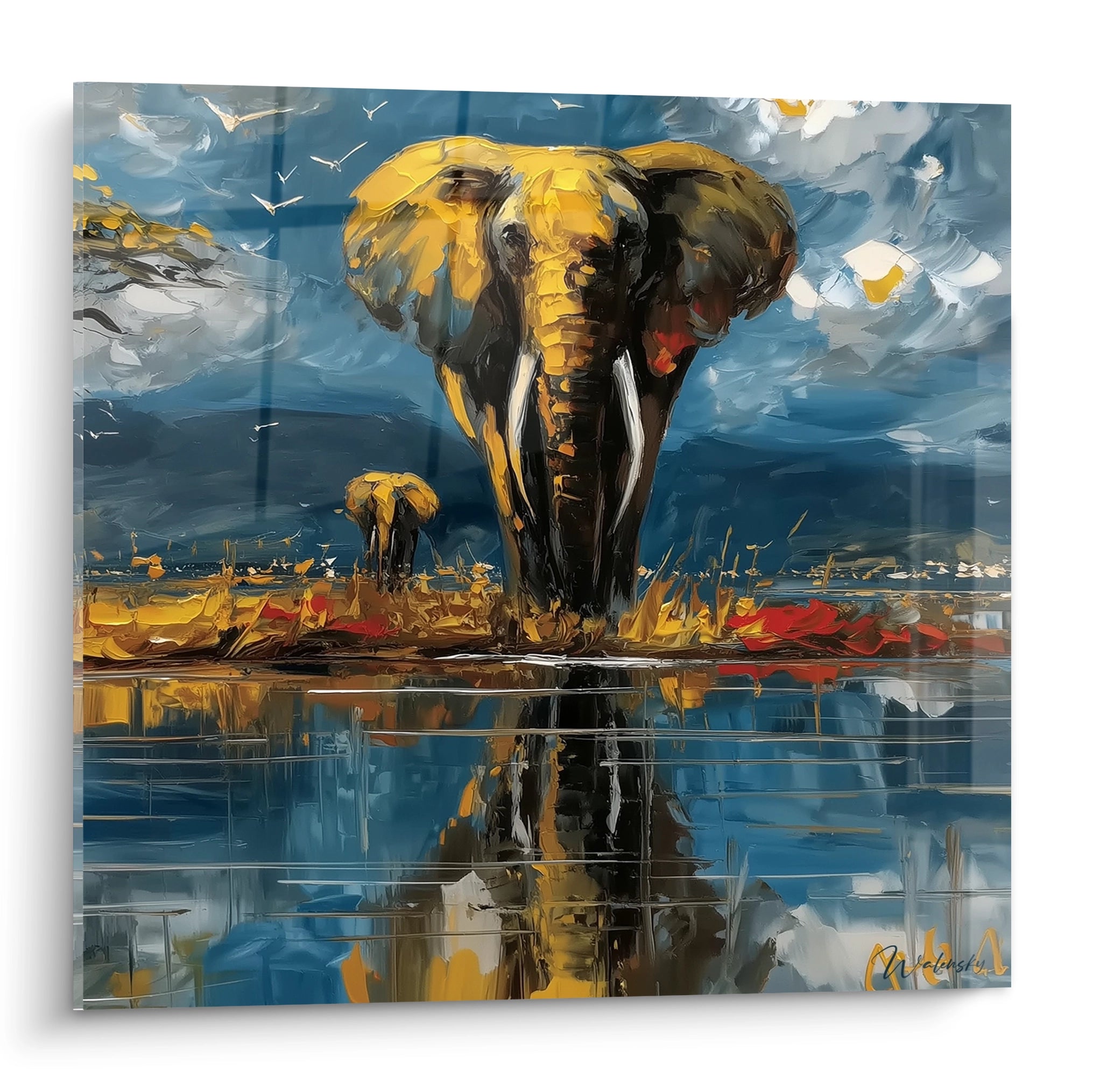 Tableau éléphant géant coloré sur toile avec reflet dans l'eau et ciel dramatique
