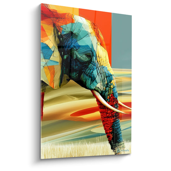 Tableau Éléphant bleu et rouge aux facettes cristallines - Défenses ivoire dans les herbes hautes - Edition Elephant