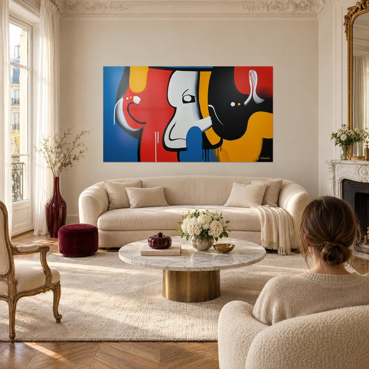 Gemälde stilisierter Elefant in Rot, Blau und Gelb, weißes Gesicht von Schwarz umrandet, über einem Sofa in einem hellen Wohnzimmer