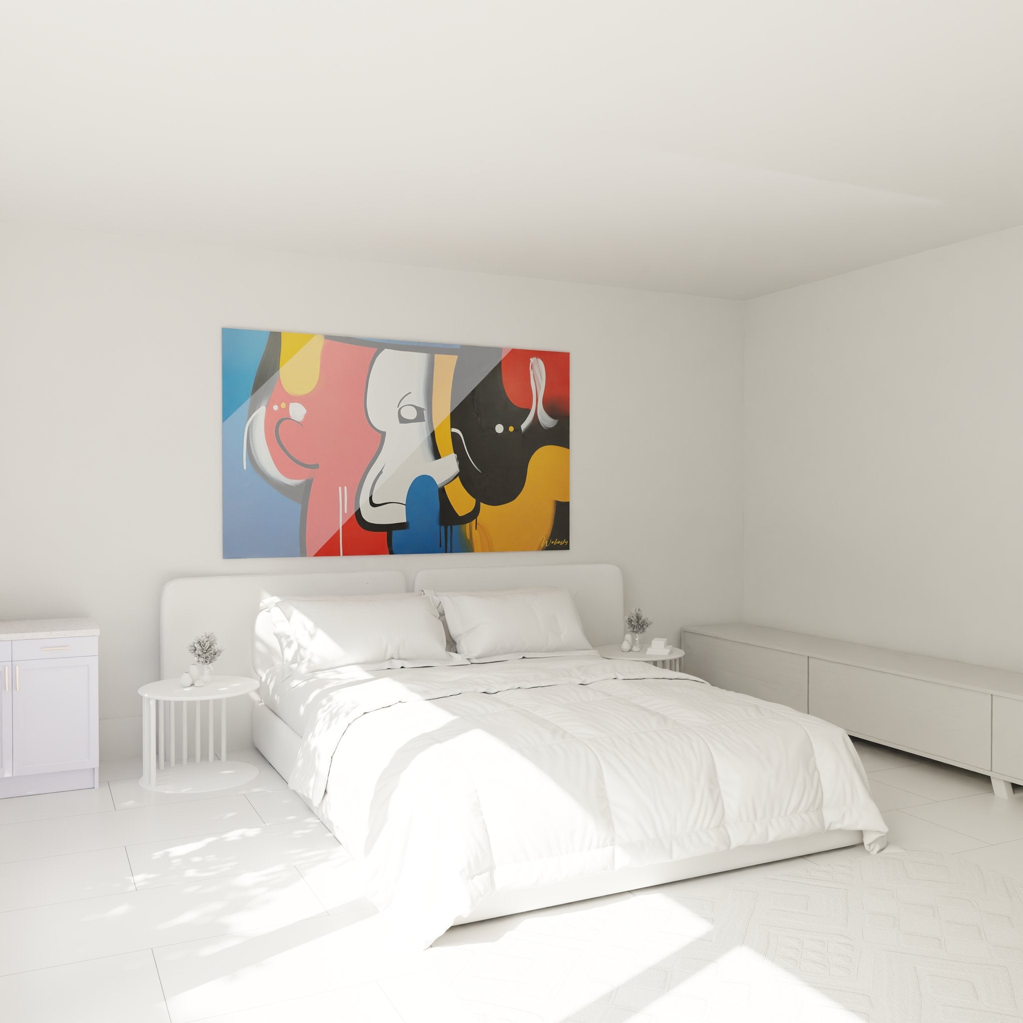 Tableau éléphant stylisé géométrique abstrait dans chambre moderne décoration murale contemporaine