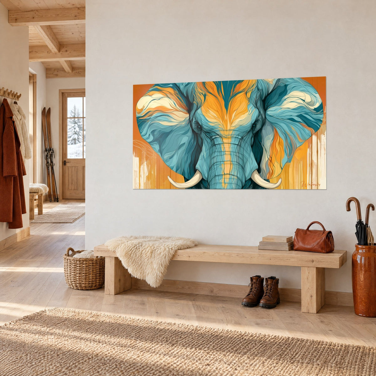 Quadro di pachiderma con fronte fiammeggiante d'oro e proboscide striata, sfondo arancio fluido, vista di tre quarti nell'ingresso di uno chalet