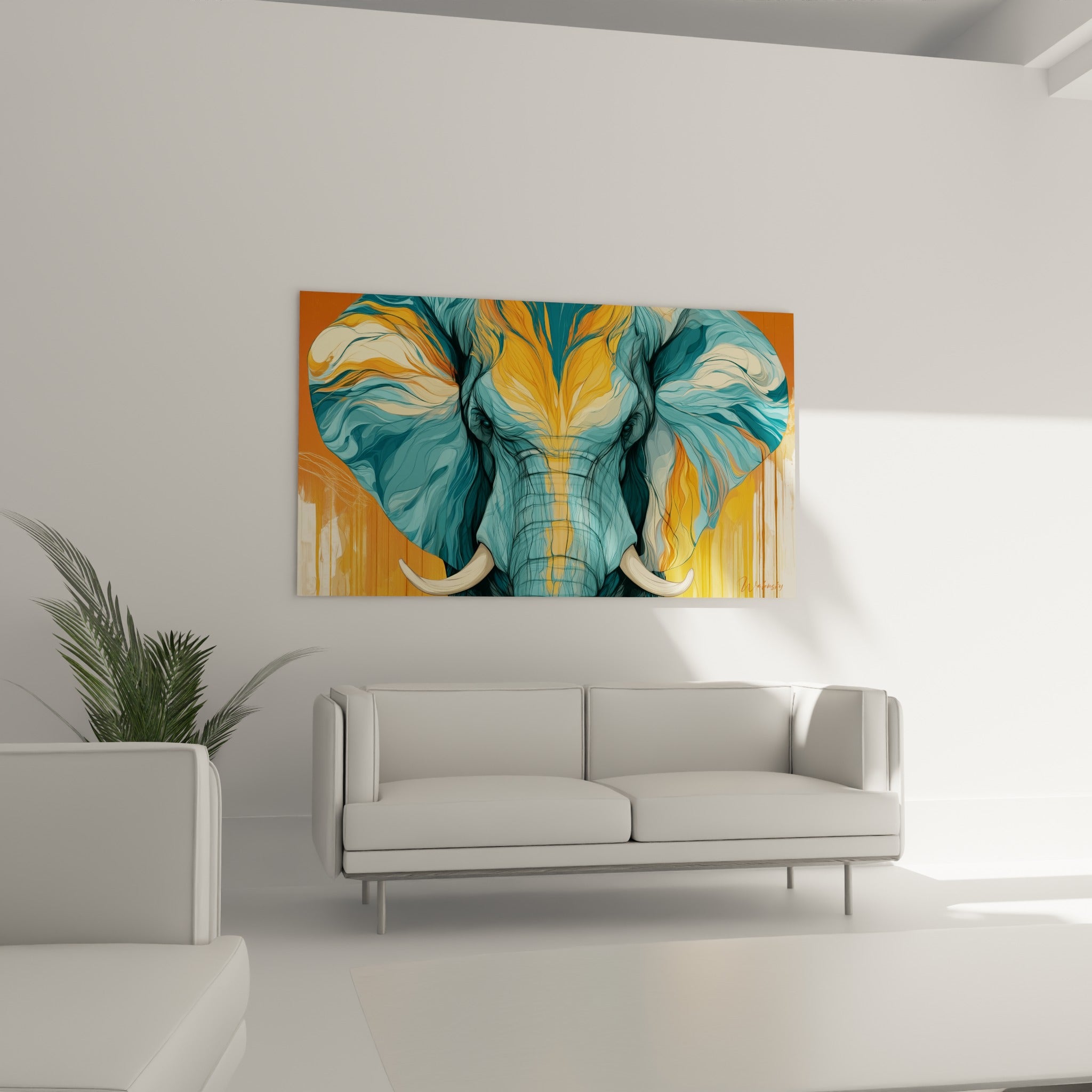 Face d'éléphant aux teintes bleu sarcelle et orange vif au-dessus d'un canapé dans un salon lumineux