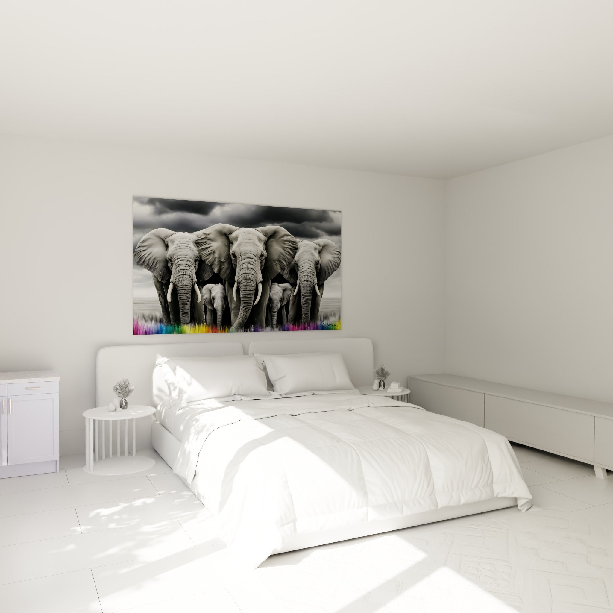 Éléphants anthracite et petits éléphanteaux gris au-dessus d'un lit dans une chambre claire