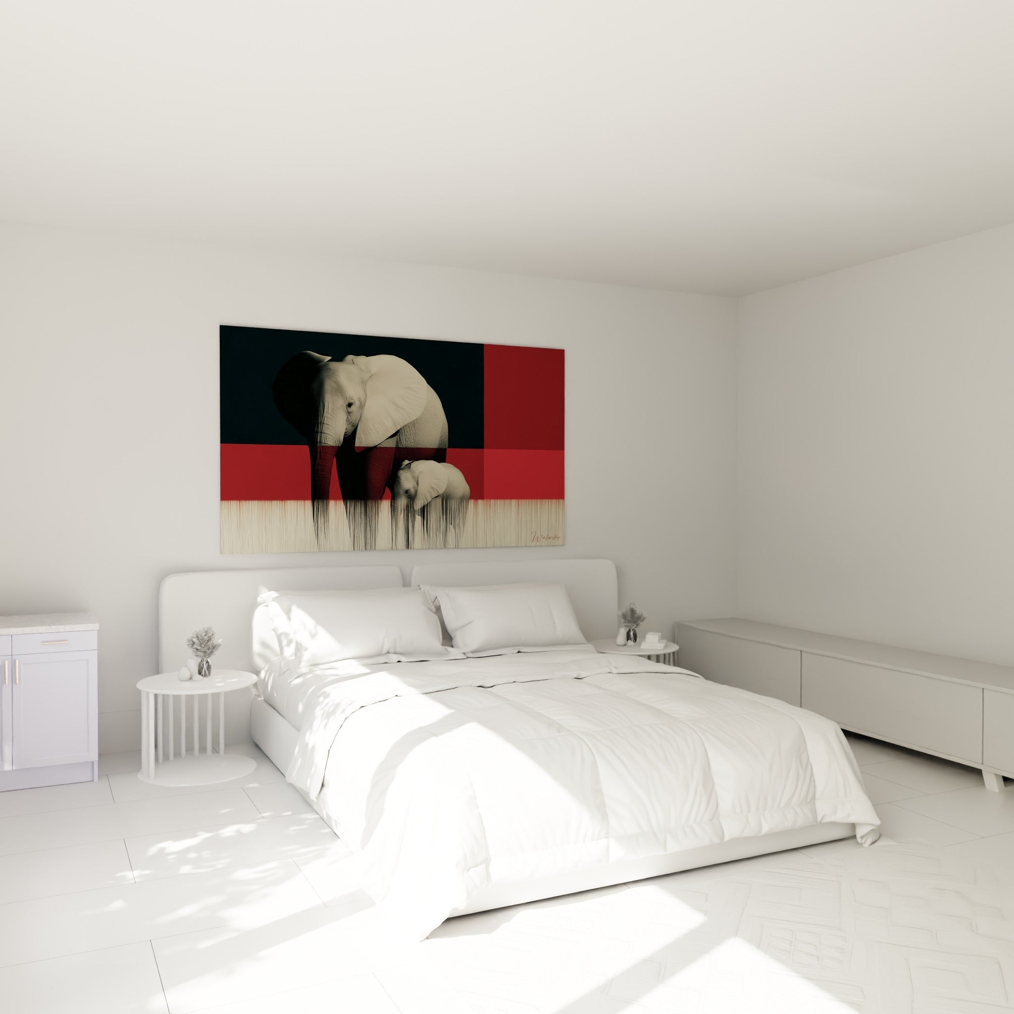 Éléphants gris se détachant sur bandes rouge bordeaux, accrochés au-dessus d'un lit dans une chambre claire