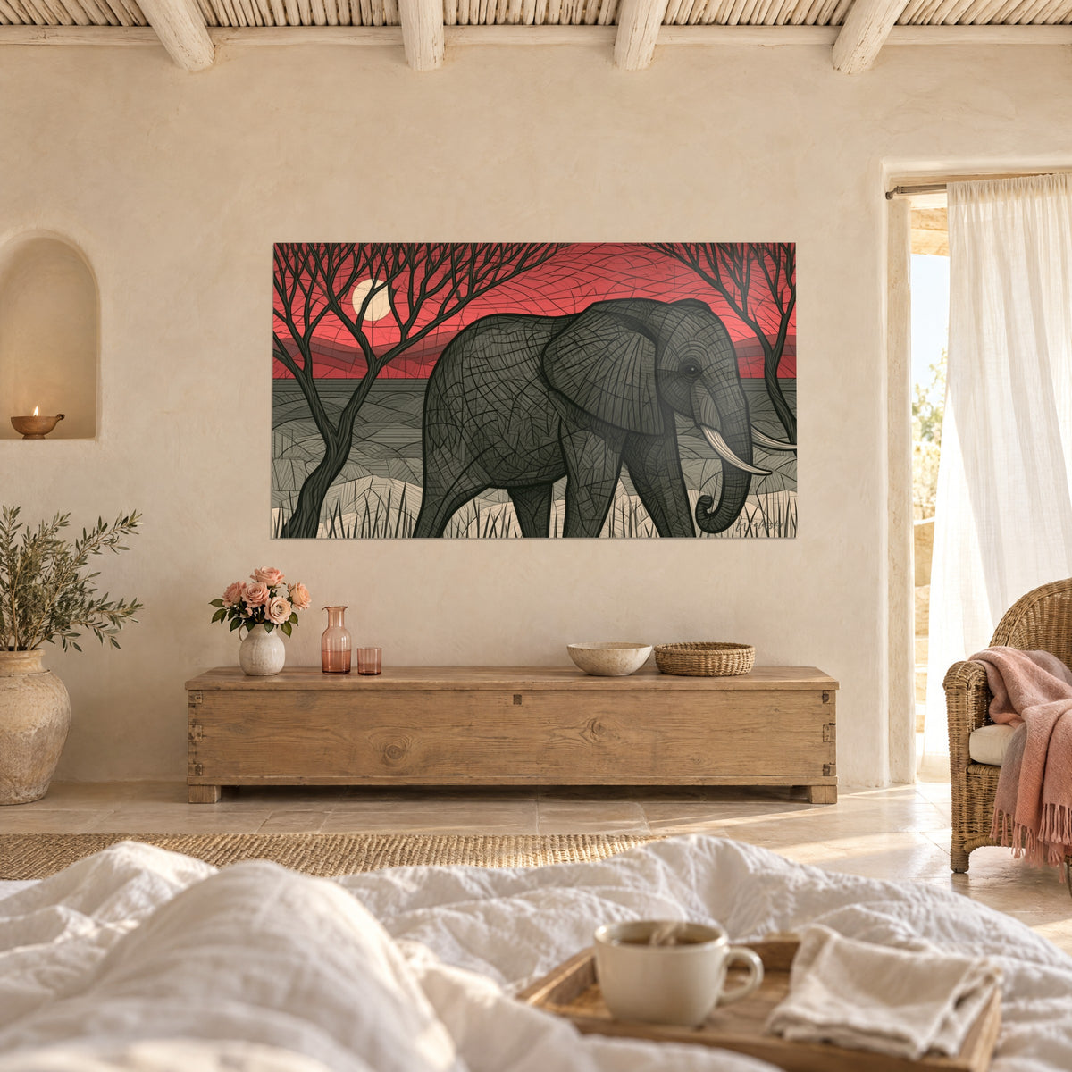 Quadro mastodonte antracite sotto un sole pallido e un cielo rosso, sopra un letto in una camera luminosa