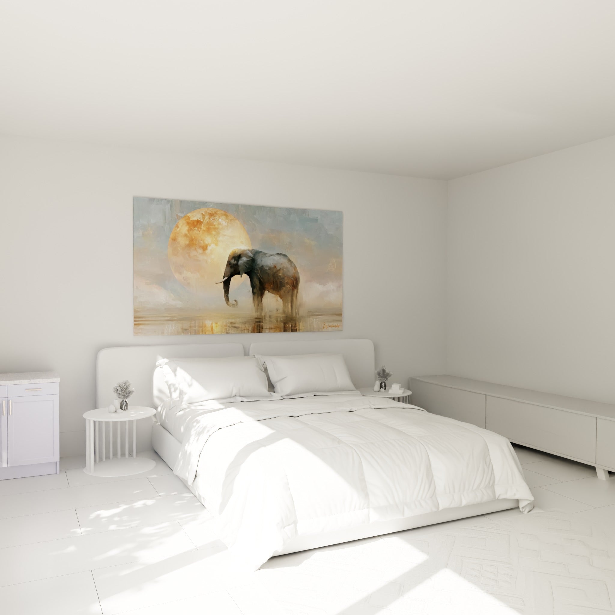 Silhouette d'éléphant gris et fauve face au soleil ocre, accrochée au-dessus d'un lit dans une chambre claire