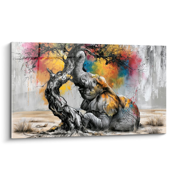 Tableau Éléphant gris et ocre sous arbre coloré - Étreinte sauvage - Edition Elephant