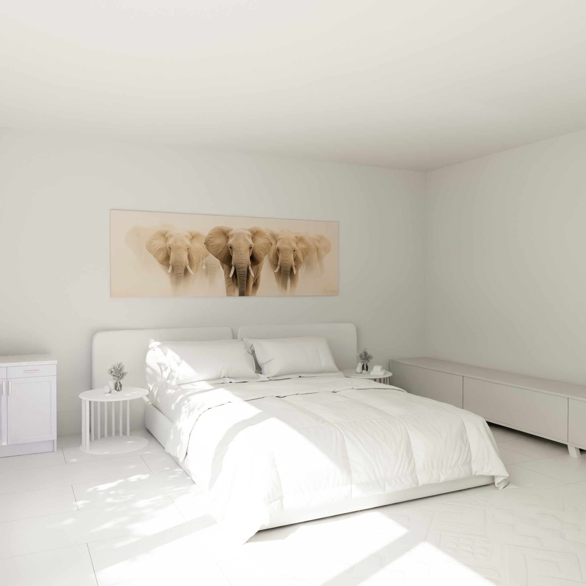 Éléphants beige et gris ridés en marche, œuvre accrochée au-dessus d'un lit dans une chambre claire