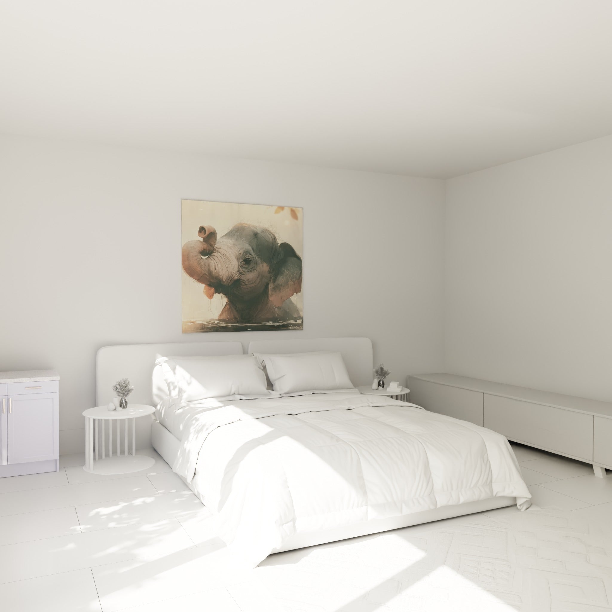 Jeune éléphant gris et beige, trompe recourbée, au-dessus d'un lit dans une chambre claire