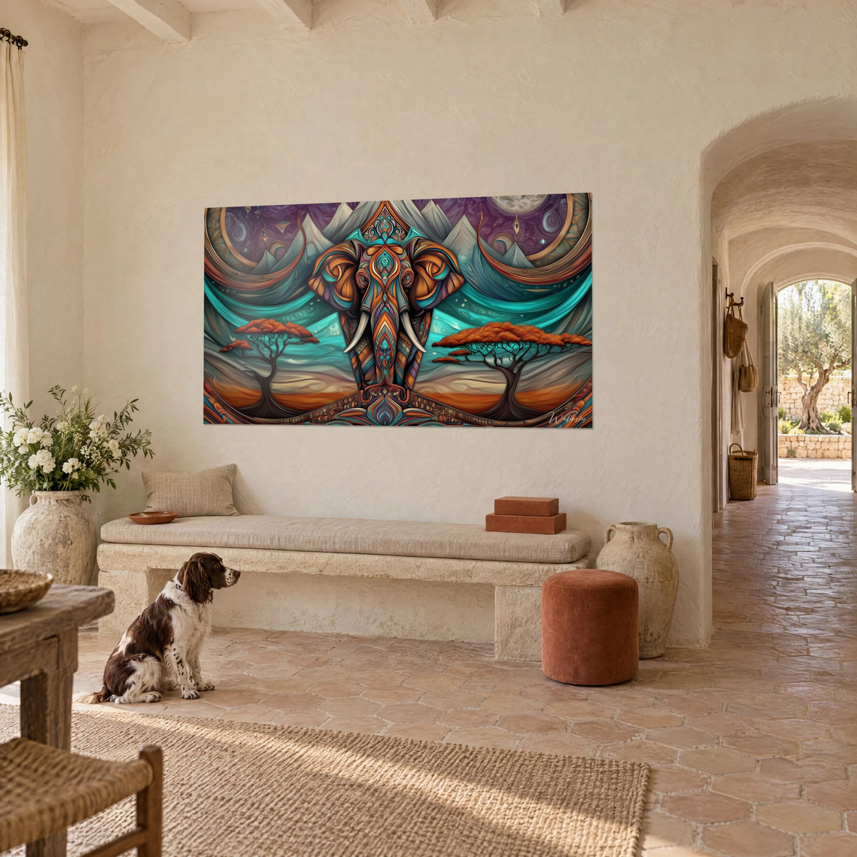 Wall art tribal pachyderm with copper patterns, dark acacias and purple sky, Provençal farmhouse, seated spaniel on the floor