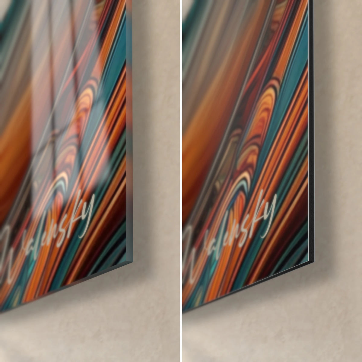 Wall art ornamental elephant, lower right corner: orange and turquoise patterns, glossy glass on the left, matte Dibond on the right