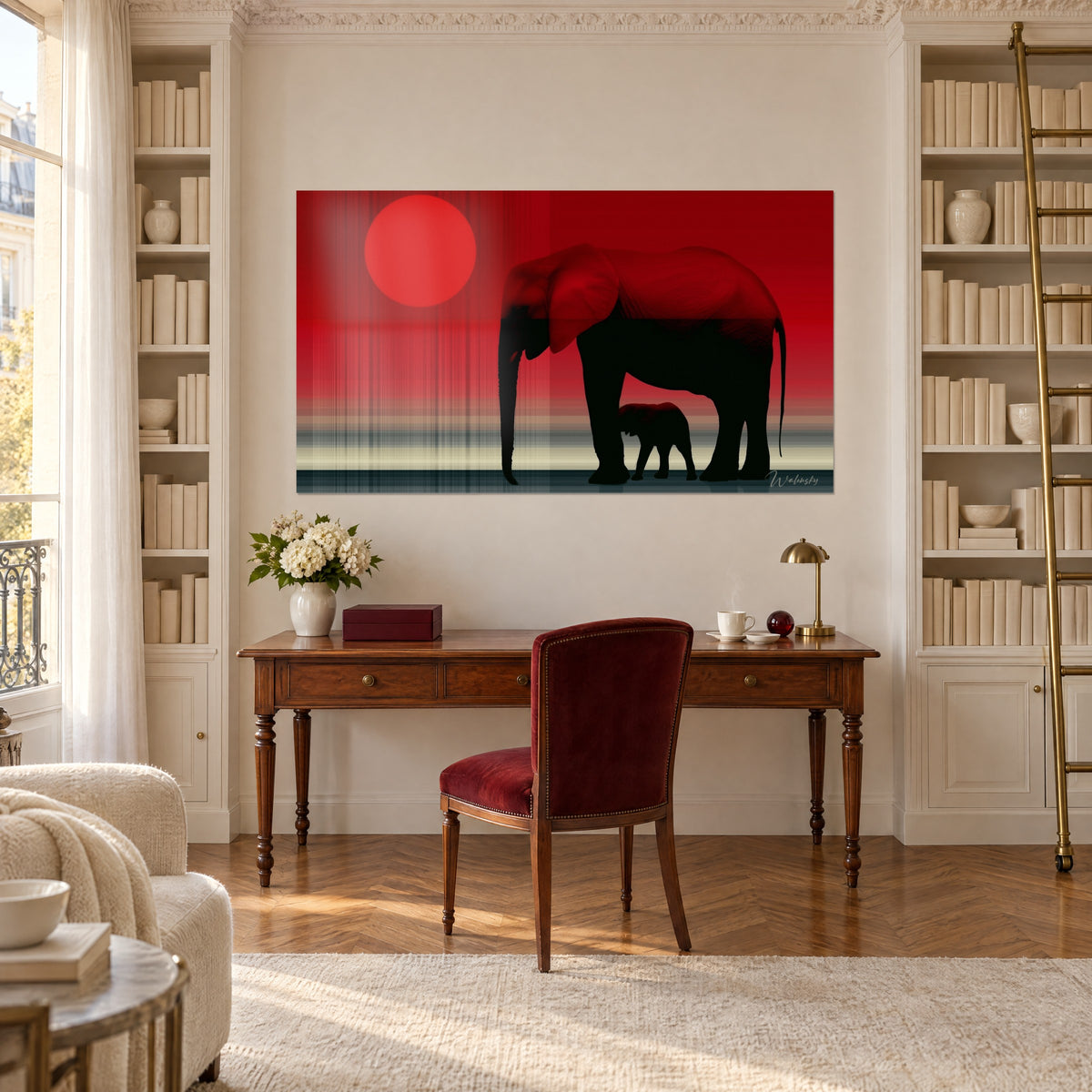 Wall art red and black backlit elephants above a wooden desk, white bookshelves and ladder, old parquet floor