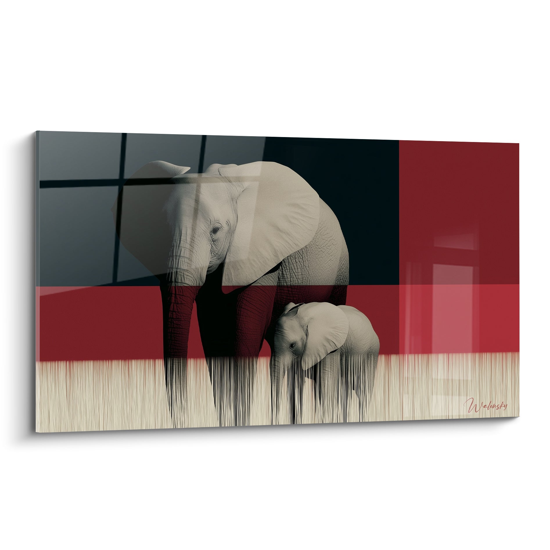 Mère éléphant et son petit en gris texturé, fond anthracite et rouge bordeaux structuré