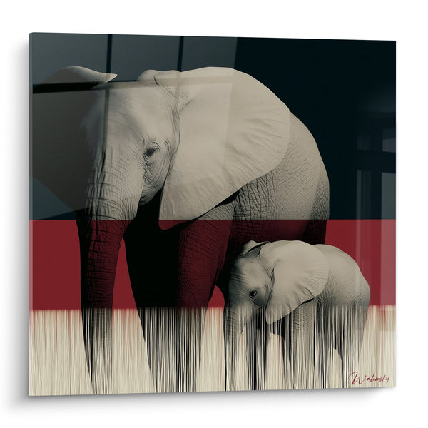 Tableau Éléphants gris bordeaux bande horizontale - Instinct maternel - Edition Elephant