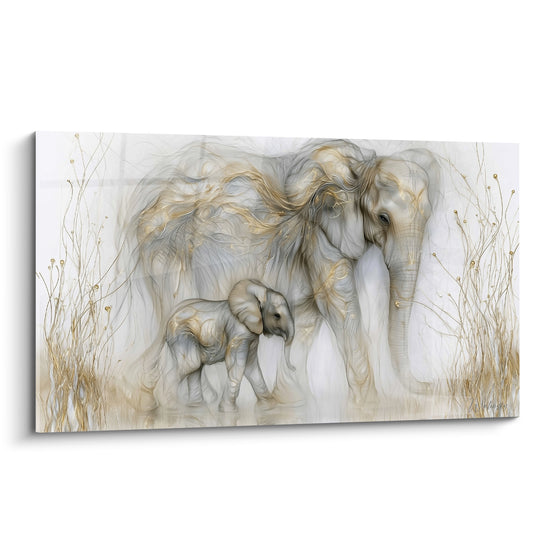 Éléphants blanc et doré, mère et petit avançant côte à côte sur fond clair filigrané