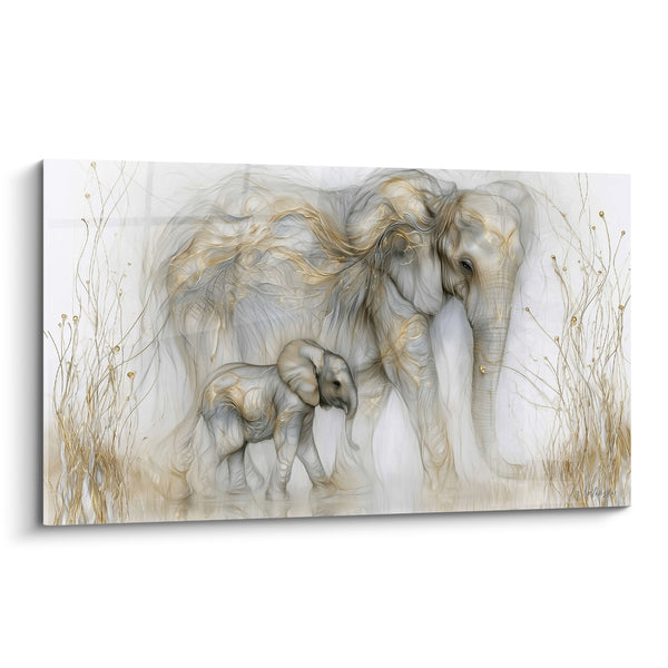 Tableau Éléphants blanc et doré aux herbes filiformes - Tendresse maternelle - Edition Elephant