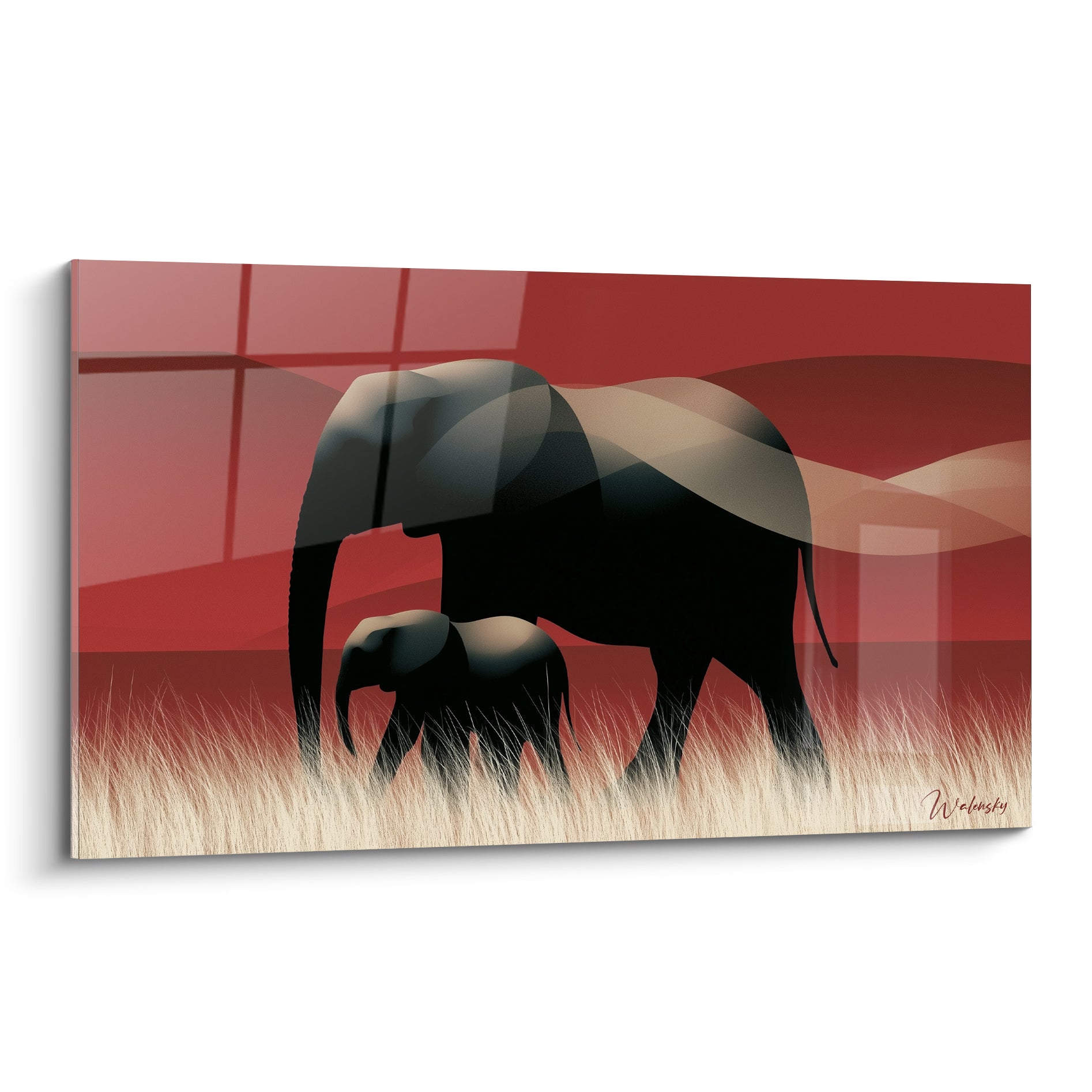 Éléphants mère et petit en silhouette anthracite sur fond rouge terracotta et herbes sable