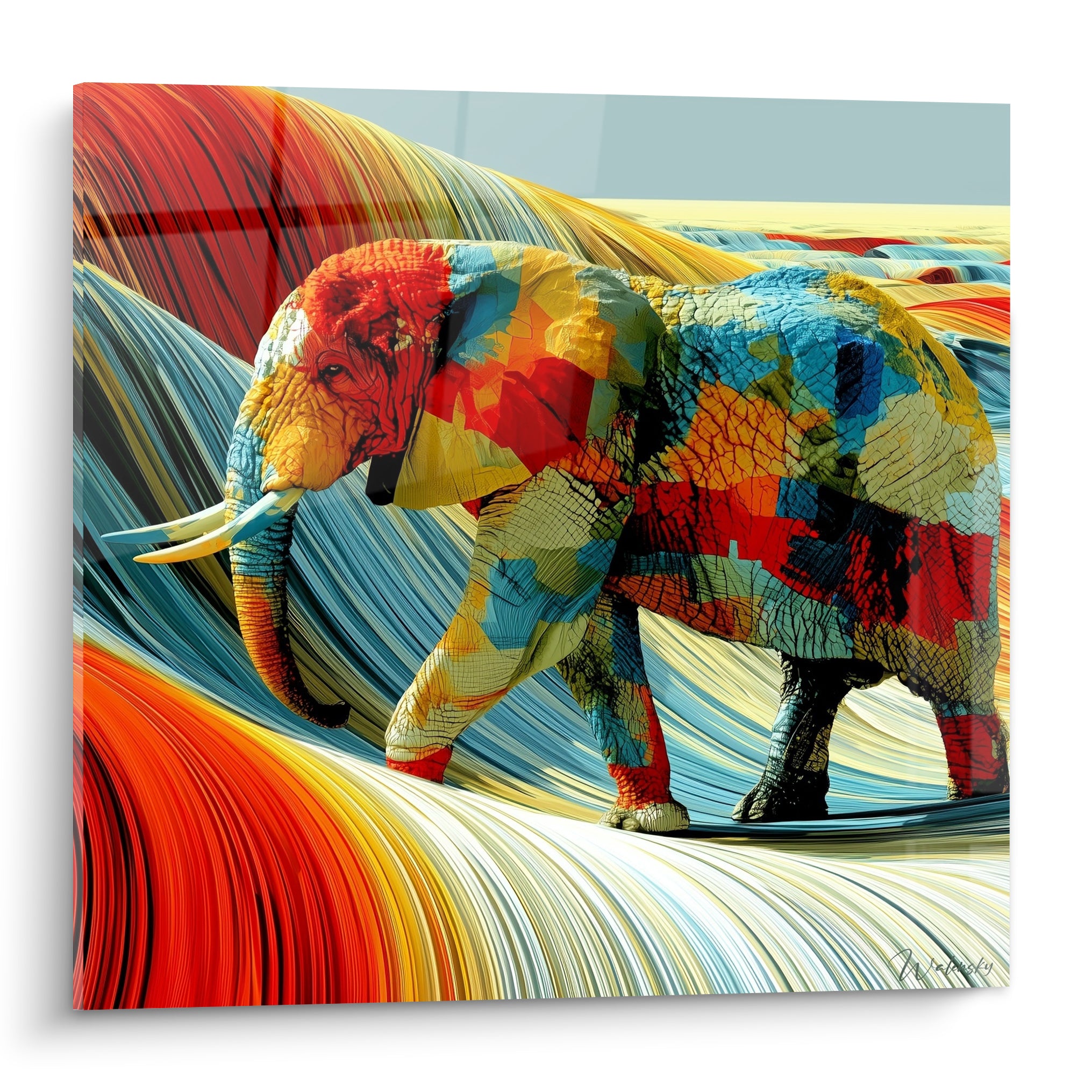 Éléphant multicolore en marche, mosaïque de rouge, bleu et ocre sur fond ondulé