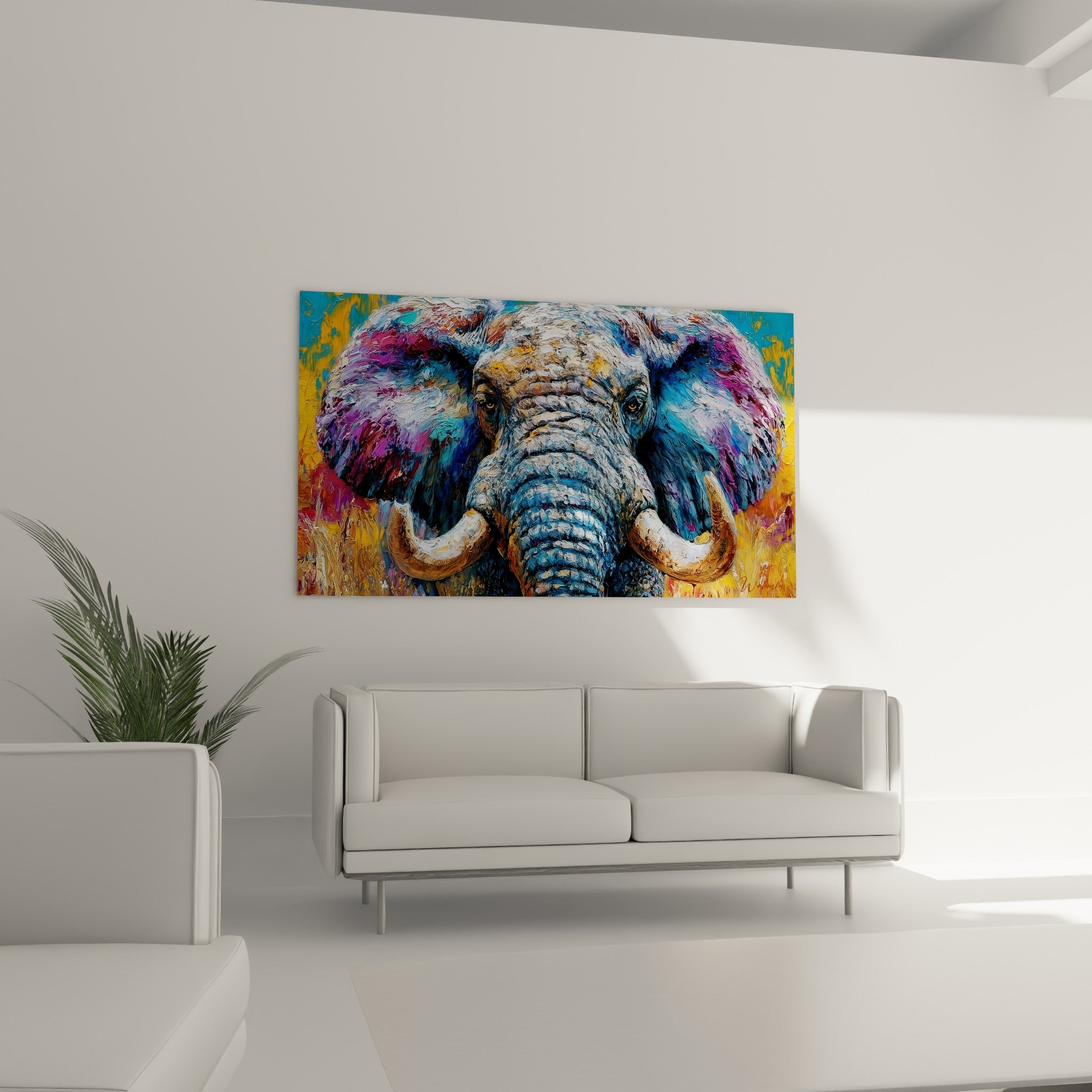 Mufle strié d'un éléphant bleu turquoise et violet, au-dessus d'un canapé dans un salon lumineux