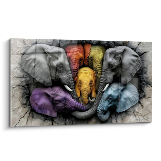 Éléphants aux têtes violette, dorée et bleu pastel émergeant d'un mur de pierre fissuré