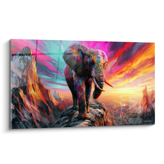 Tableau Éléphant multicolore sur crête montagneuse - Souverain des cimes - Edition Elephant