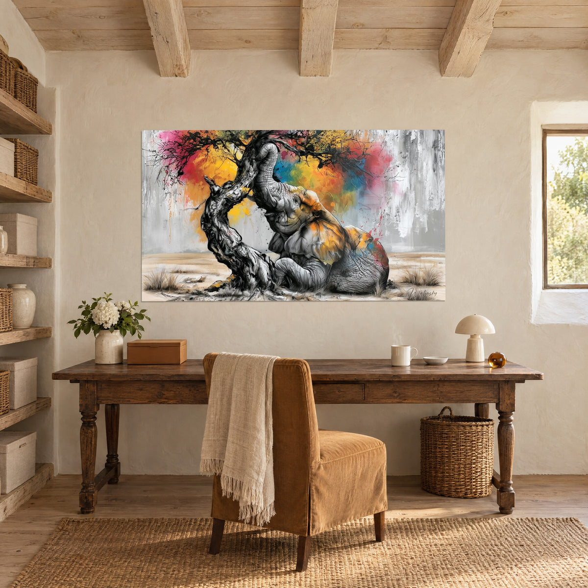 Quadro animale africano dalla pelle grigia rugosa, che abbraccia un albero con pennellate arancio e blu, scrivania in legno grezzo