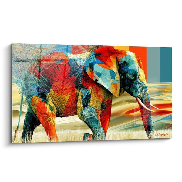 Tableau Éléphant rouge et bleu aux fines craquelures - Défenses ivoire dans les dunes - Edition Elephant