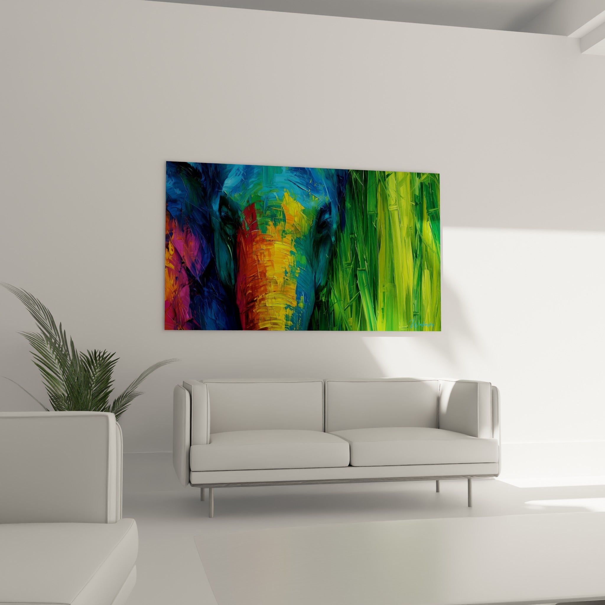 Portrait d'éléphant bleu et orangé, texture épaisse, au-dessus d'un canapé dans un salon lumineux