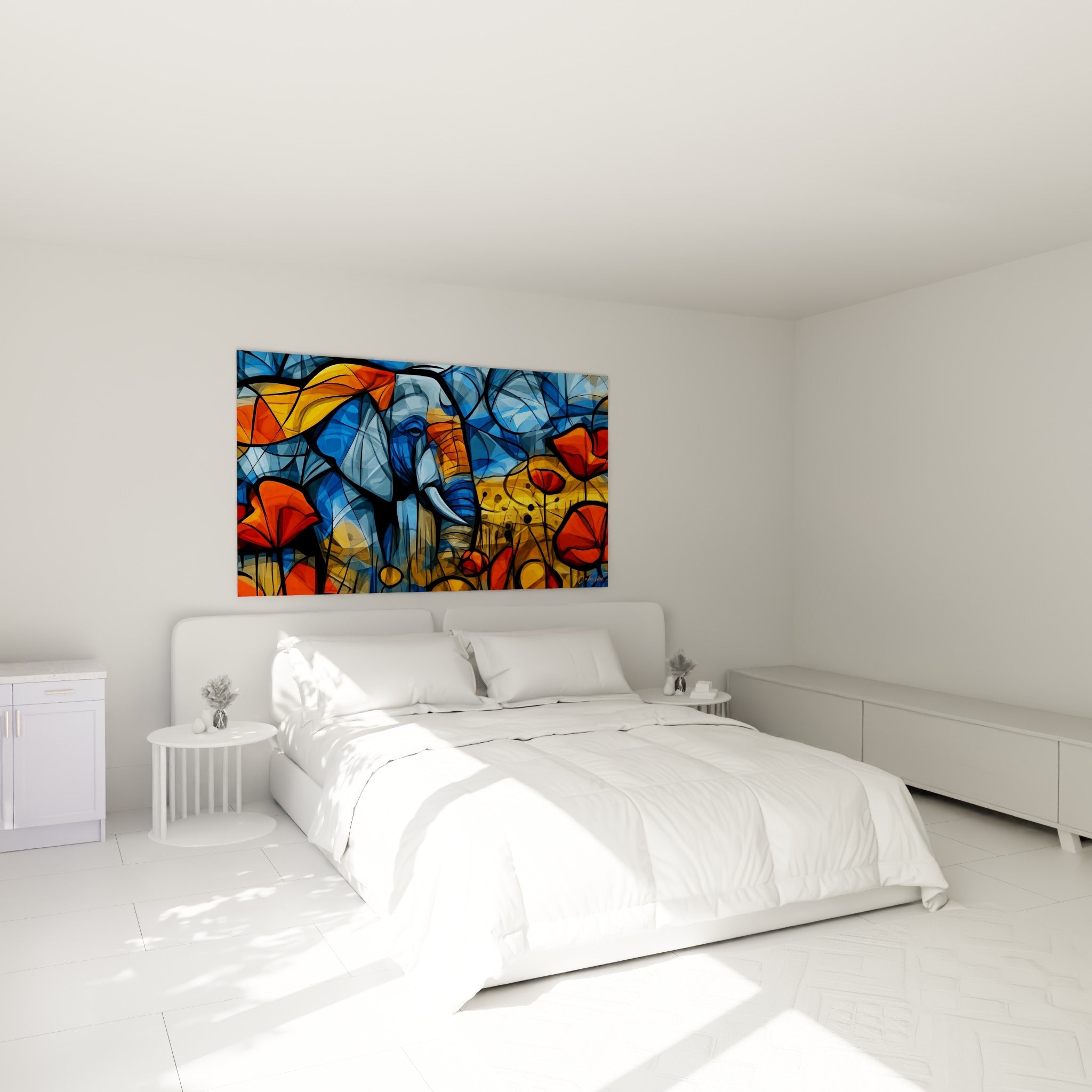 Silhouette d'éléphant bleu ciel entourée de fleurs rouges au-dessus d'un lit dans une chambre claire
