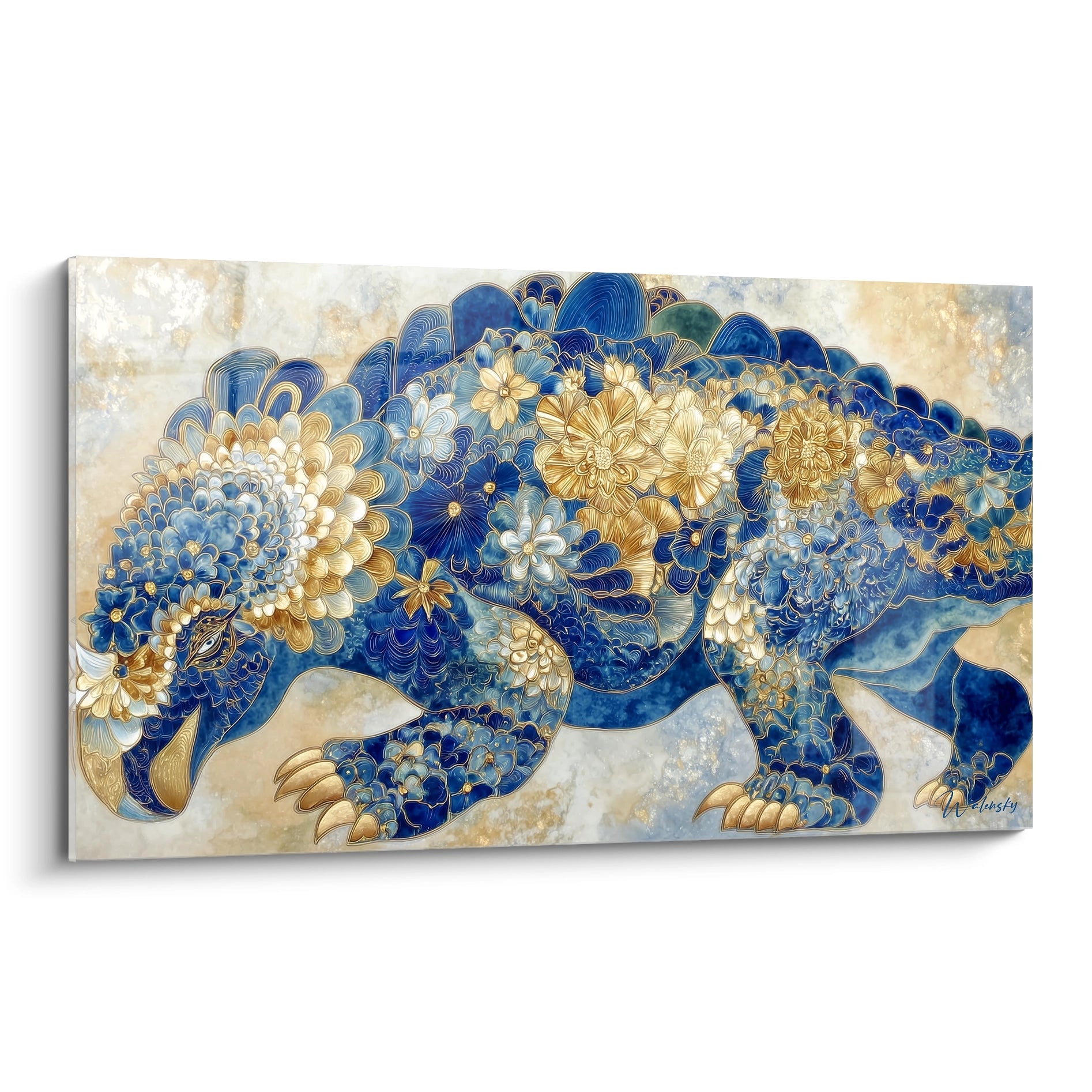 Tableau mural éléphant ornemental aux motifs floraux dorés et bleus, art décoratif de luxe édition Scutosaurus