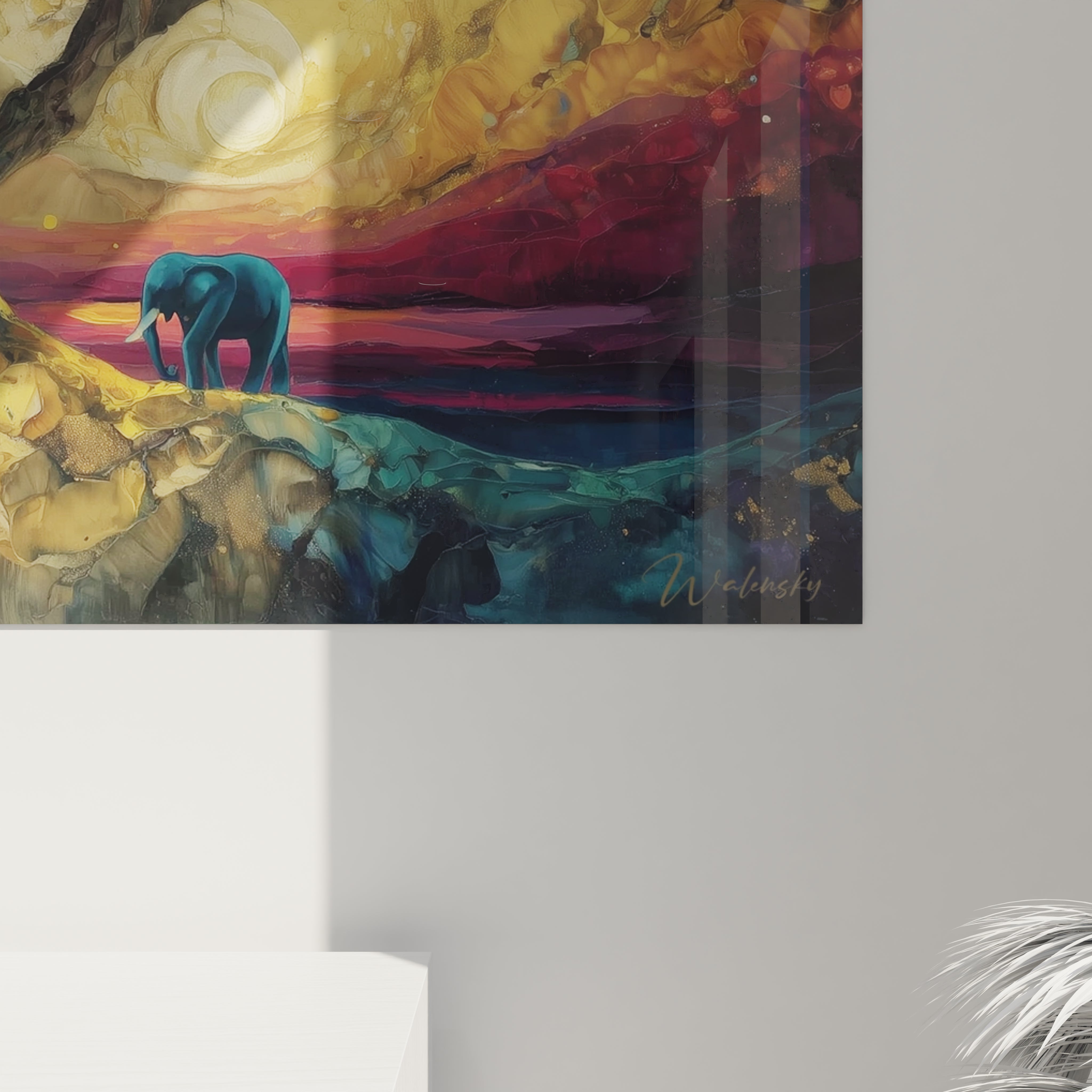 Tableau éléphant paysage africain vibrant avec des couleurs chaudes et un ciel dramatique
