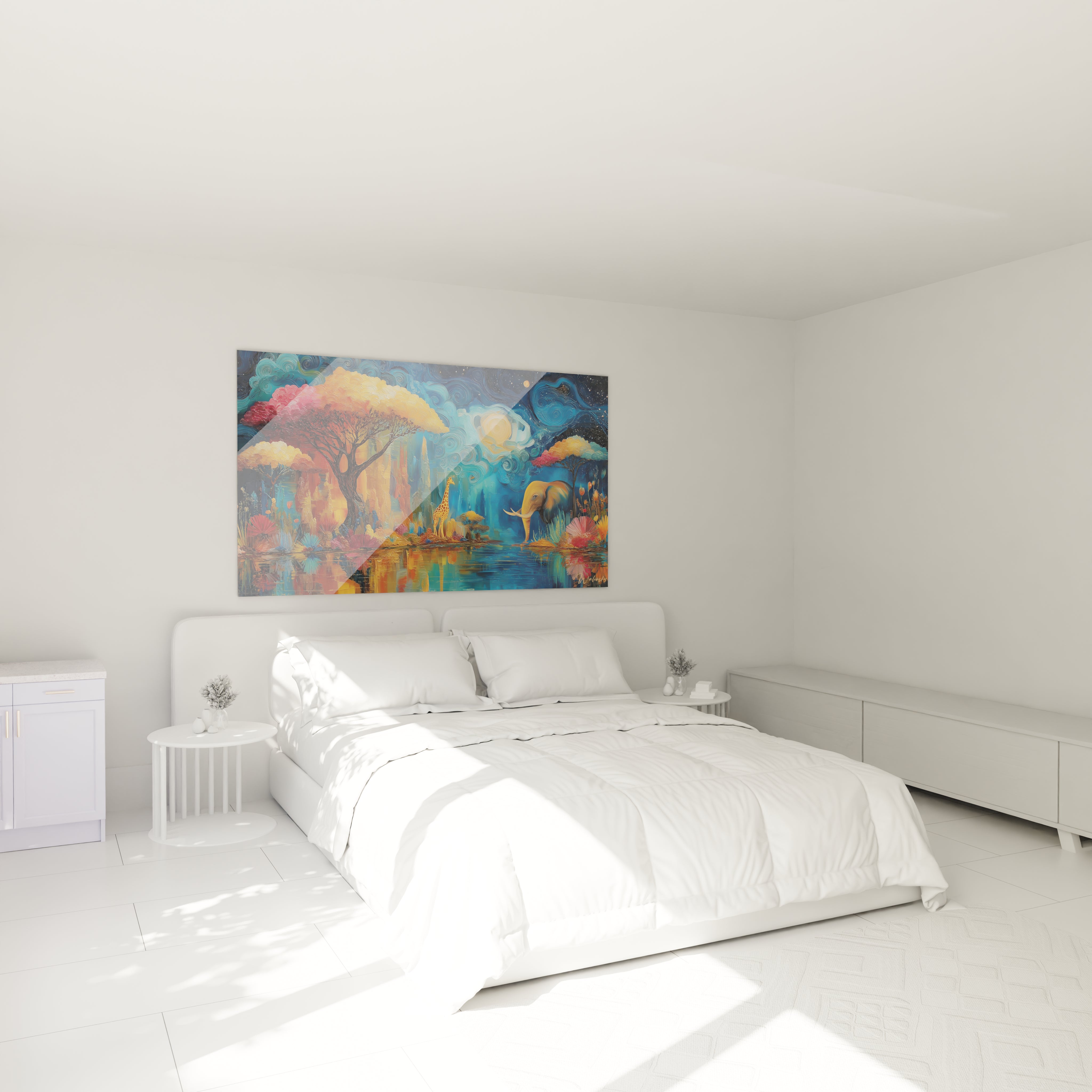 Tableau éléphant paysage africain accroché au-dessus d'un lit dans une chambre lumineuse