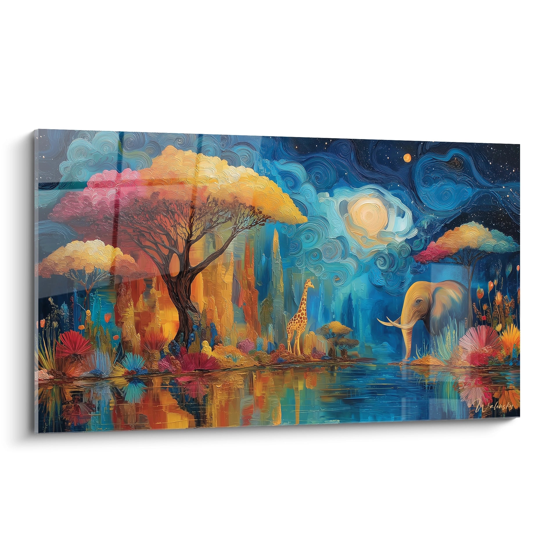 Tableau éléphant paysage africain coloré avec une girafe et un ciel étoilé