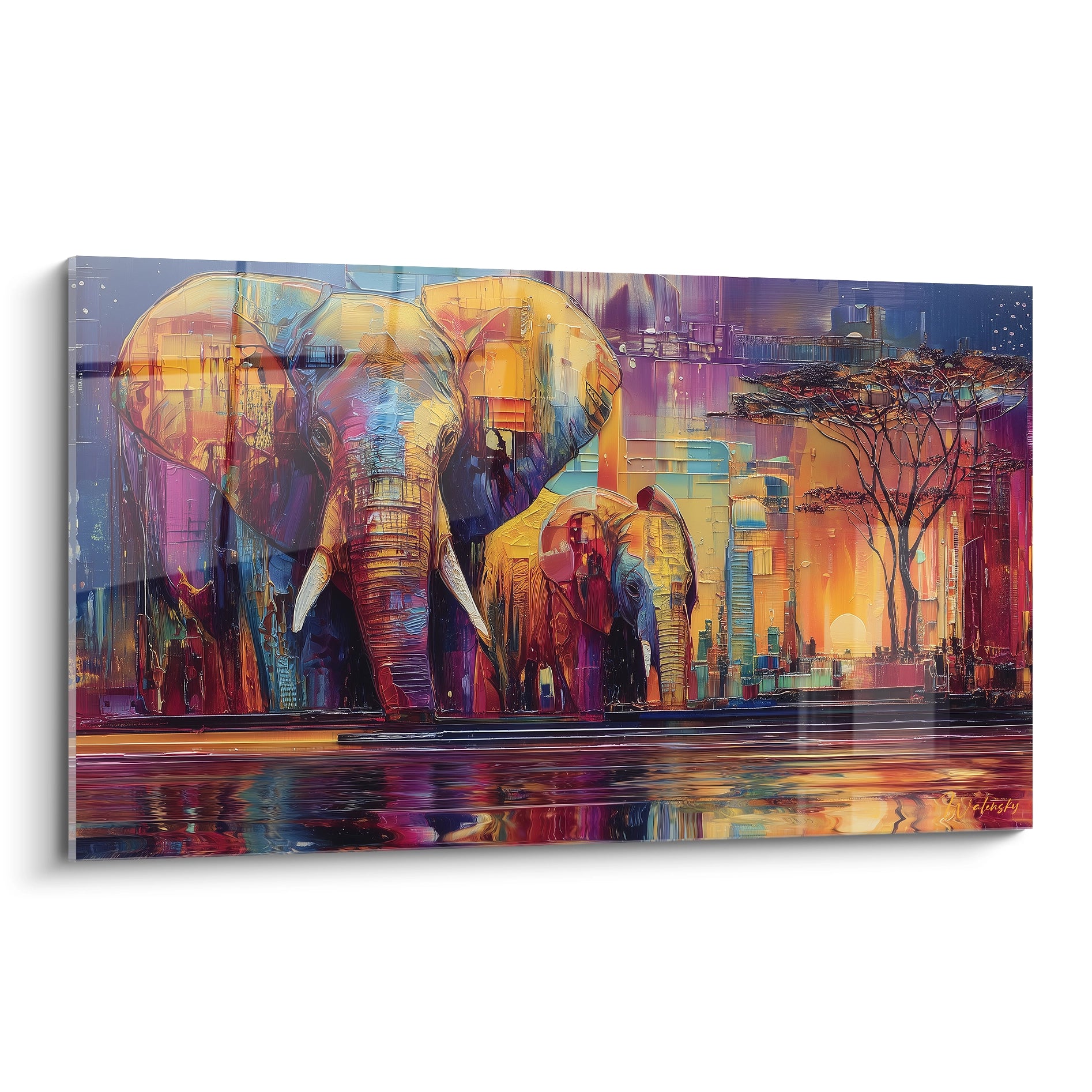 Tableau éléphant paysage africain coloré avec silhouettes d'arbres et coucher de soleil