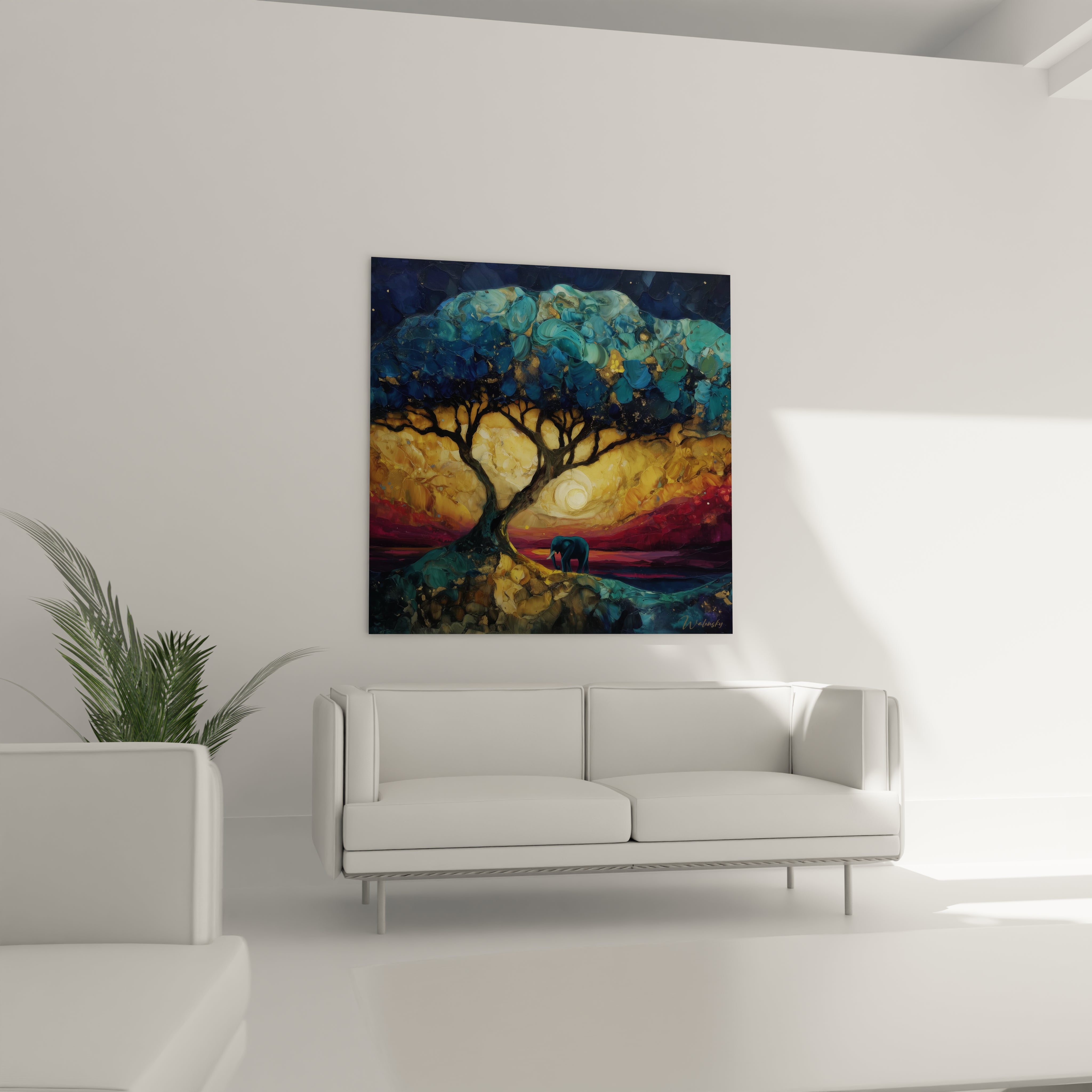 Tableau éléphant paysage africain avec un arbre coloré et un ciel étoilé sur un mur moderne.