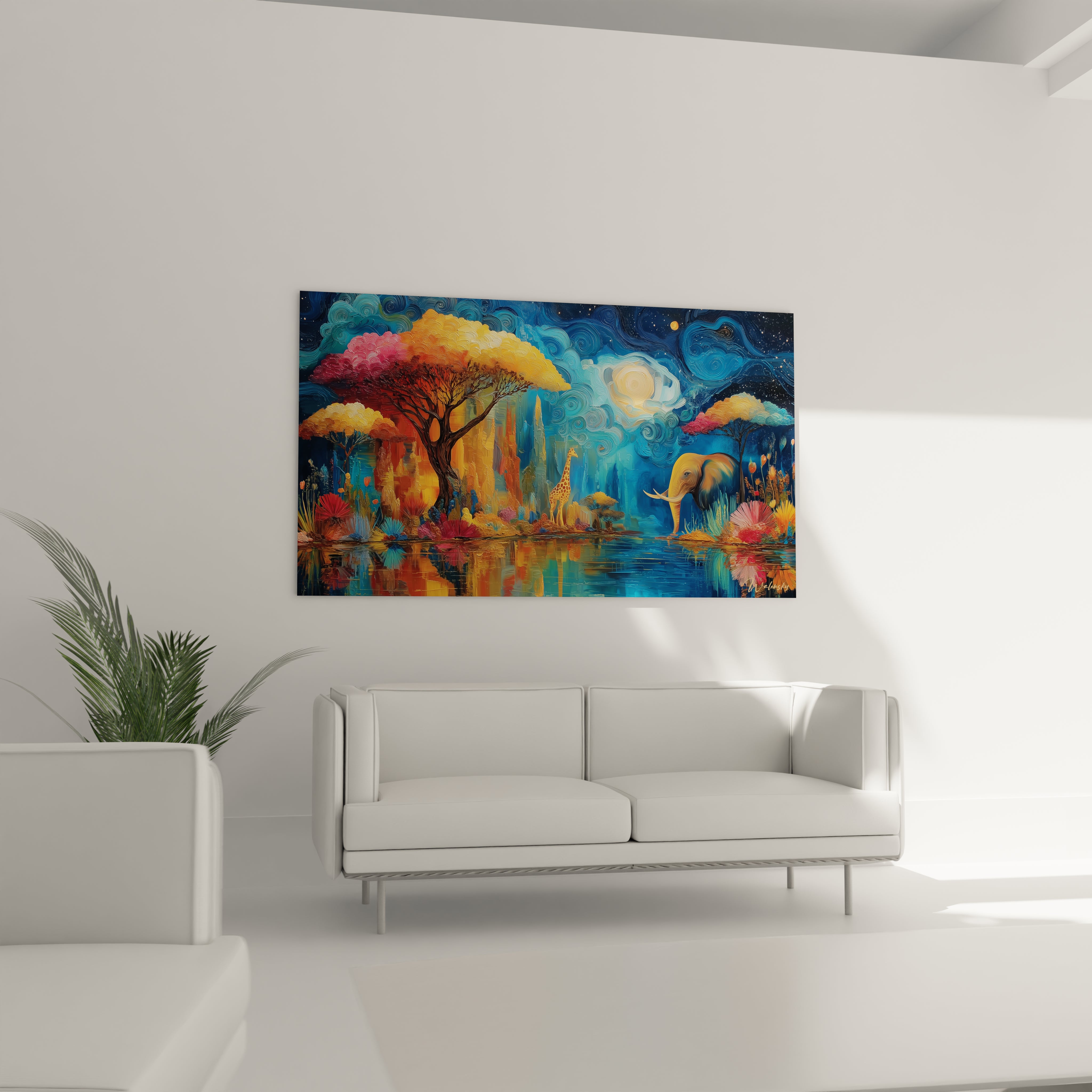Tableau éléphant paysage africain vibrant avec des couleurs éclatantes et un décor paisible