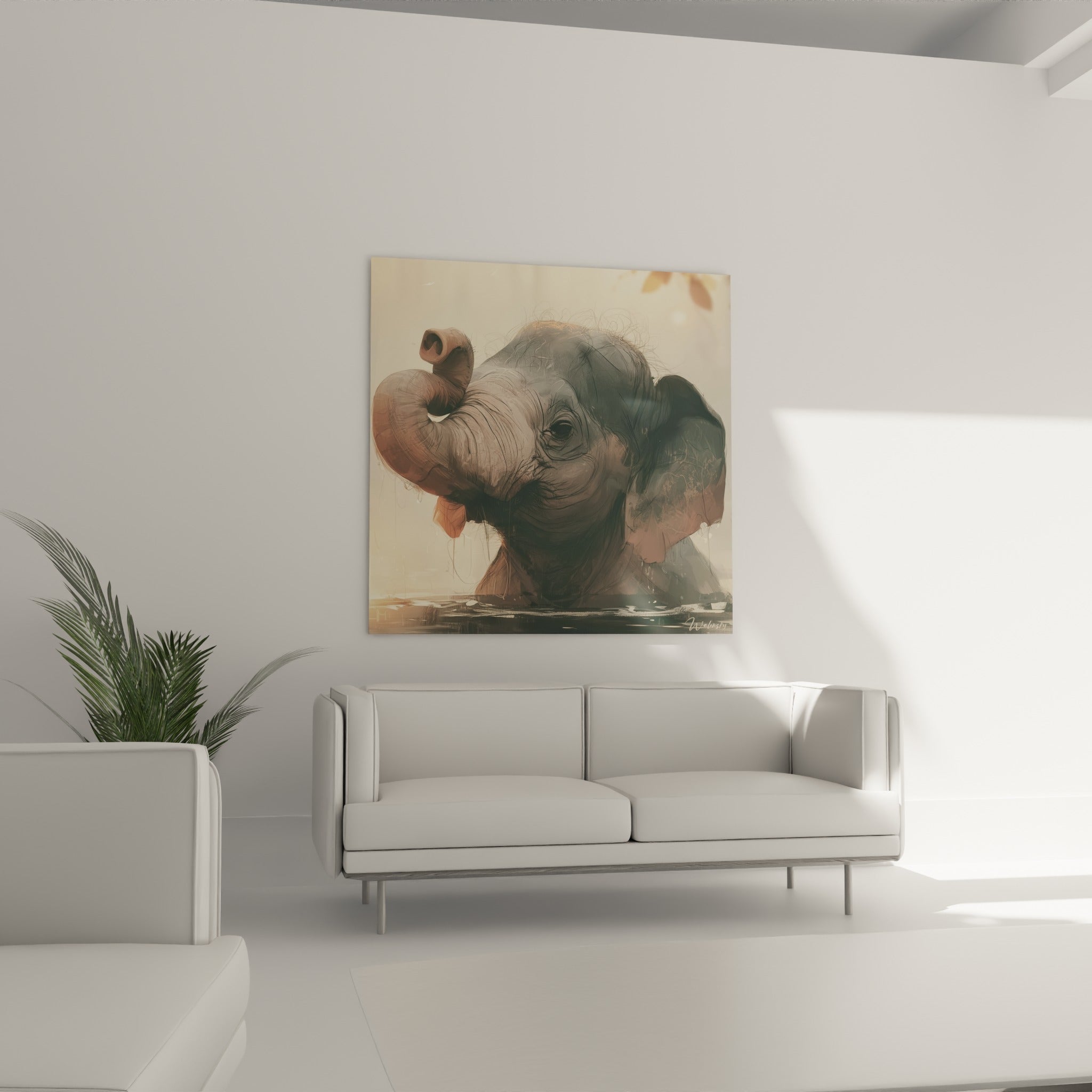 Portrait d'éléphanteau rosé et anthracite, regard doux, au-dessus d'un canapé dans un salon lumineux