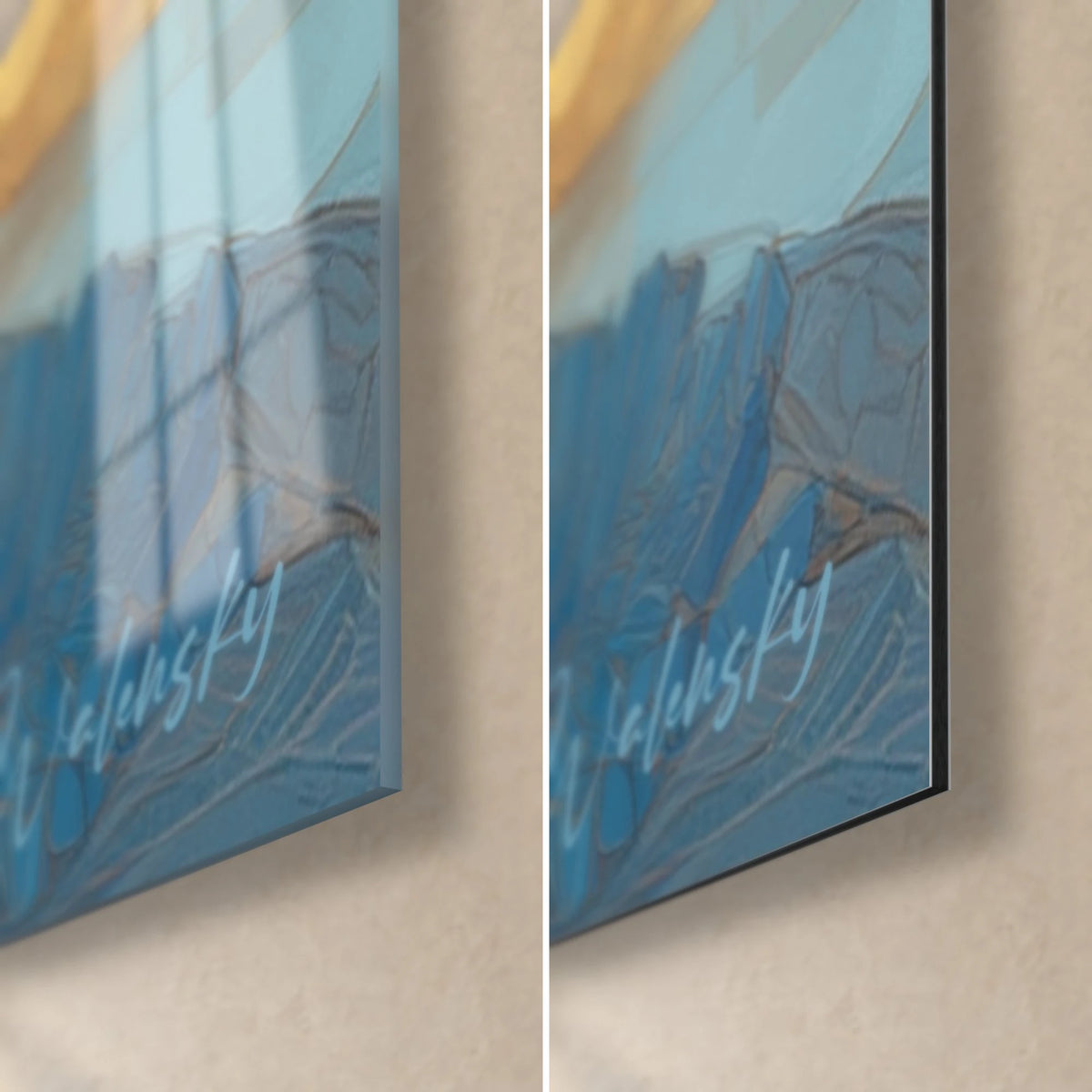 Tableau éléphant bleu foncé et acacia jaune, coin bas droit : verre acrylique brillant à gauche, alu Dibond mat à droite, tranche de 3 mm