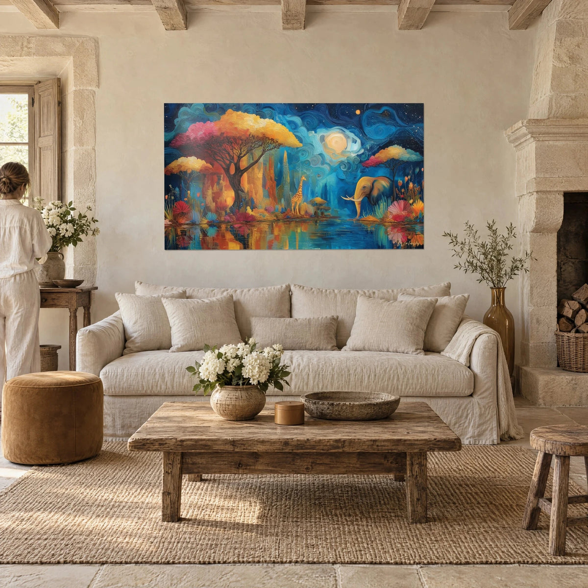 Tableau éléphant ivoire près d'un acacia ocre et rose, ciel bleu nuit tourbillonnant, au-dessus d'un canapé dans un salon lumineux