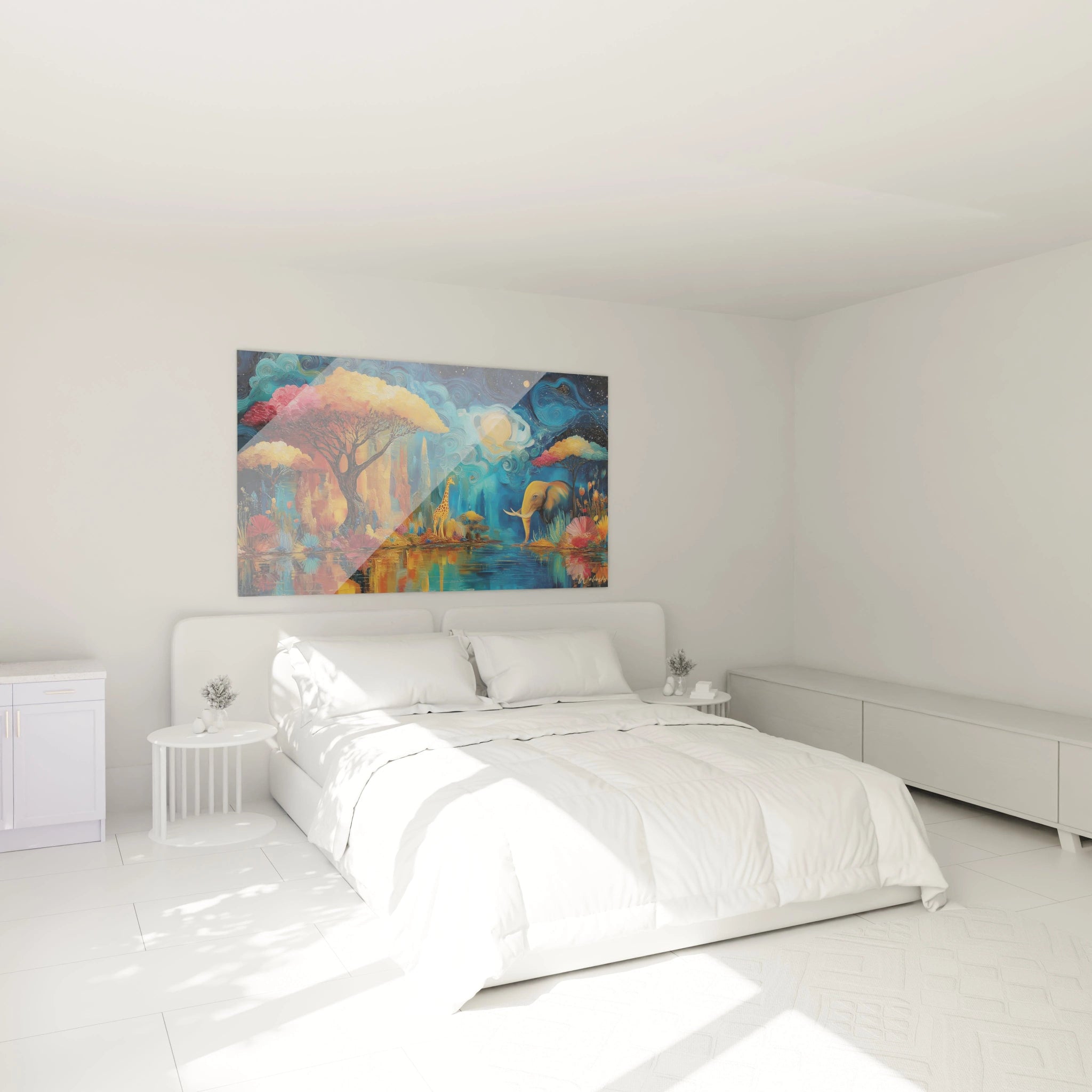 Tableau éléphant paysage africain accroché au-dessus d'un lit dans une chambre lumineuse