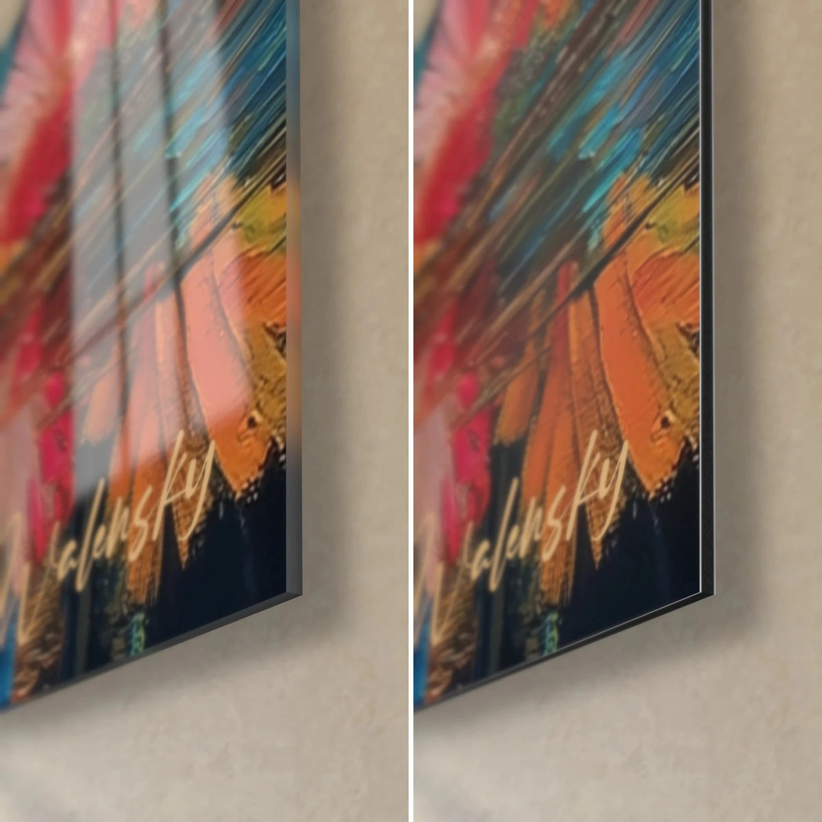 Tableau girafe dans la savane, coin bas droit : plumes rose et orange sur fond bleu nuit, verre brillant contre Dibond mat