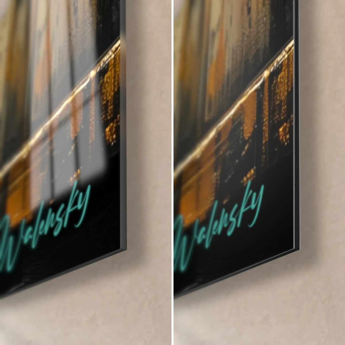 Wall art of an elephant decorated with gilding, shiny glass corner bottom left, matte black Dibond on the right, turquoise signature, 3 mm thickness